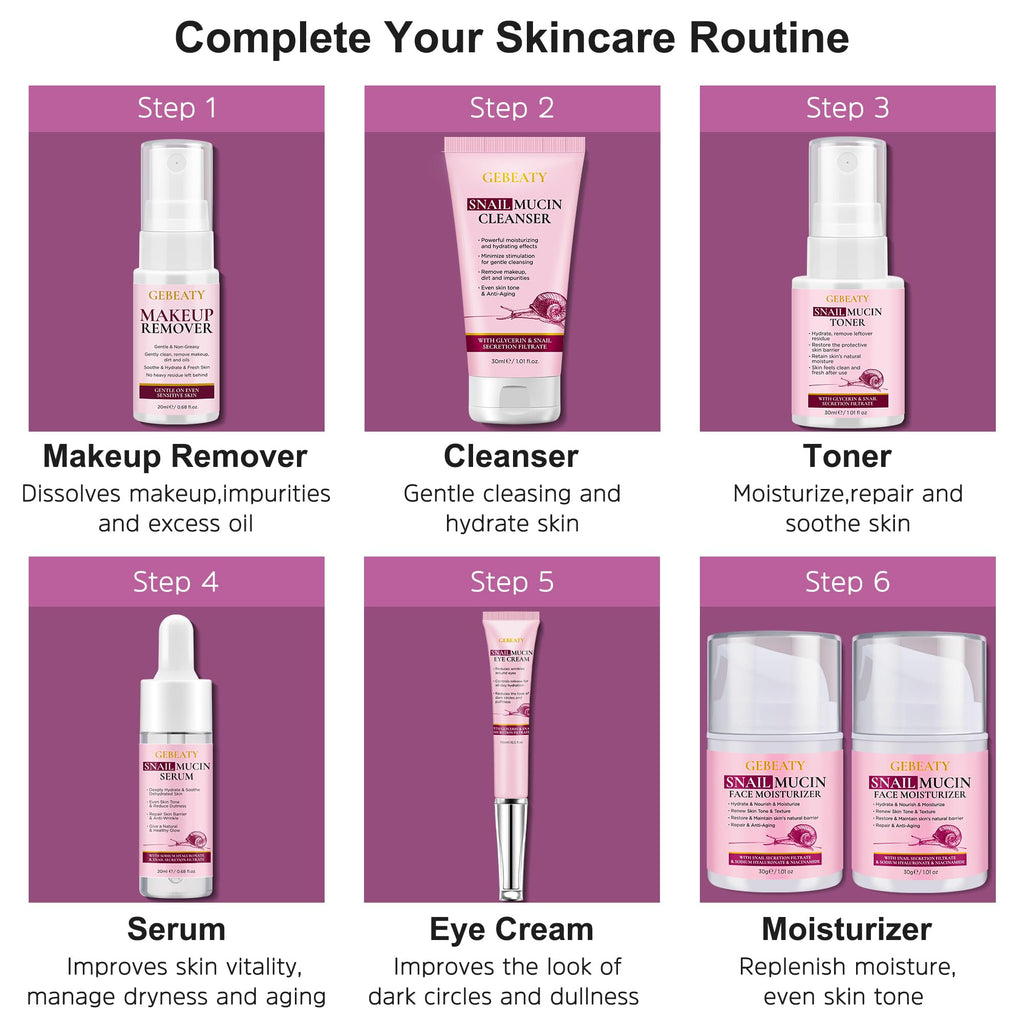GEBEATY 7-Pc Snail Mucin Skincare Gift Set - Hydrating & Soothing