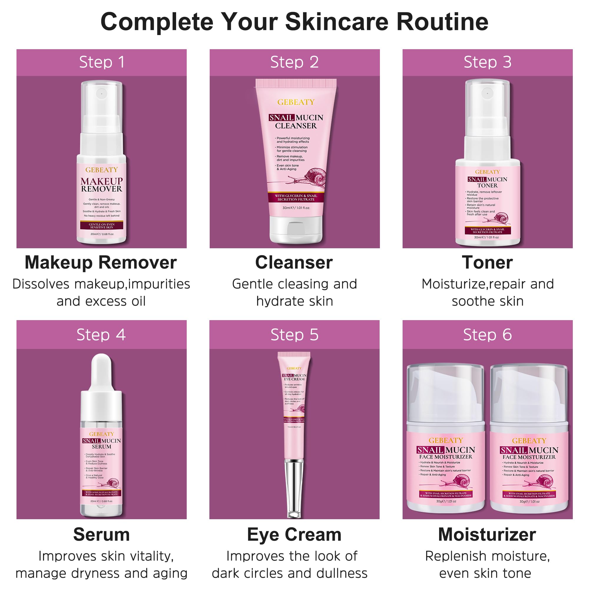 GEBEATY 7-Pc Snail Mucin Skincare Gift Set - Hydrating & Soothing