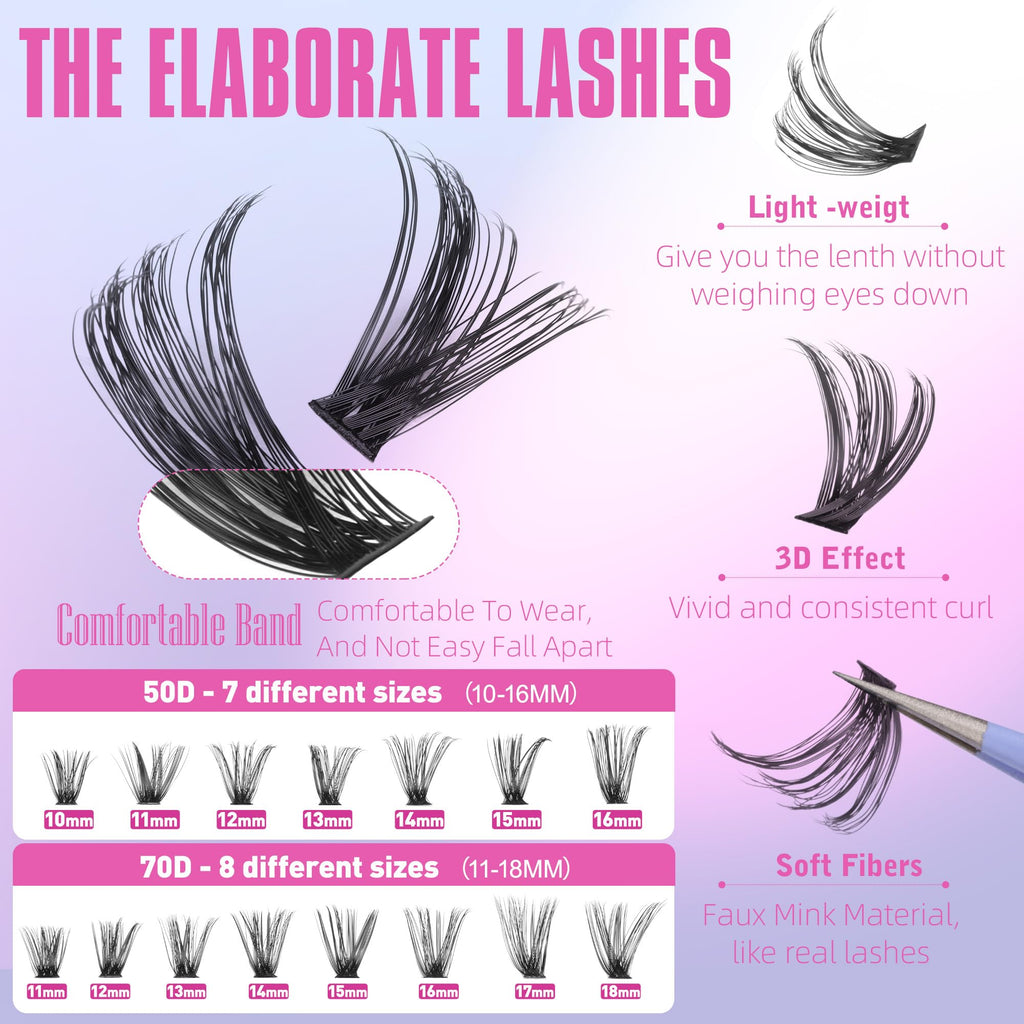 Geeneiya Wispy Lash Clusters Kit 50D+70D | DIY Lash Extensions 10–18mm for Beginners