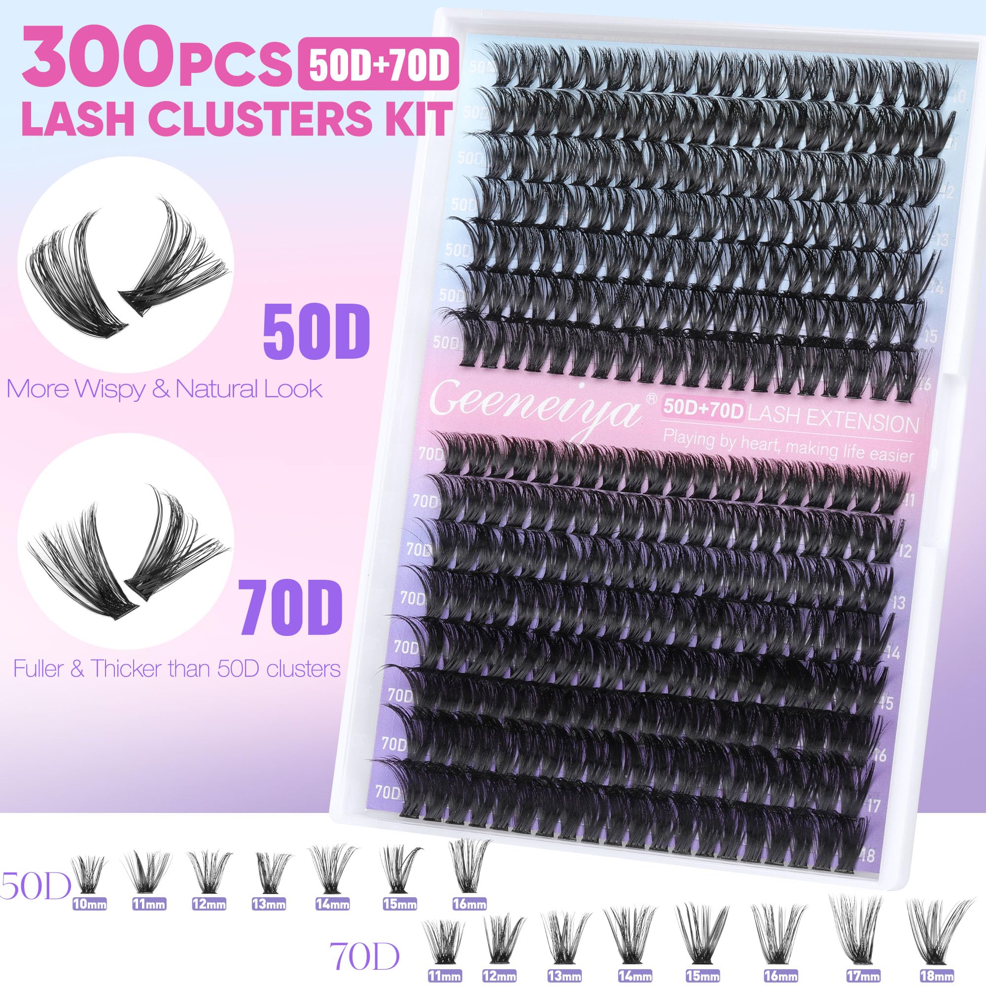 Geeneiya Wispy Lash Clusters Kit 50D+70D | DIY Lash Extensions 10–18mm for Beginners