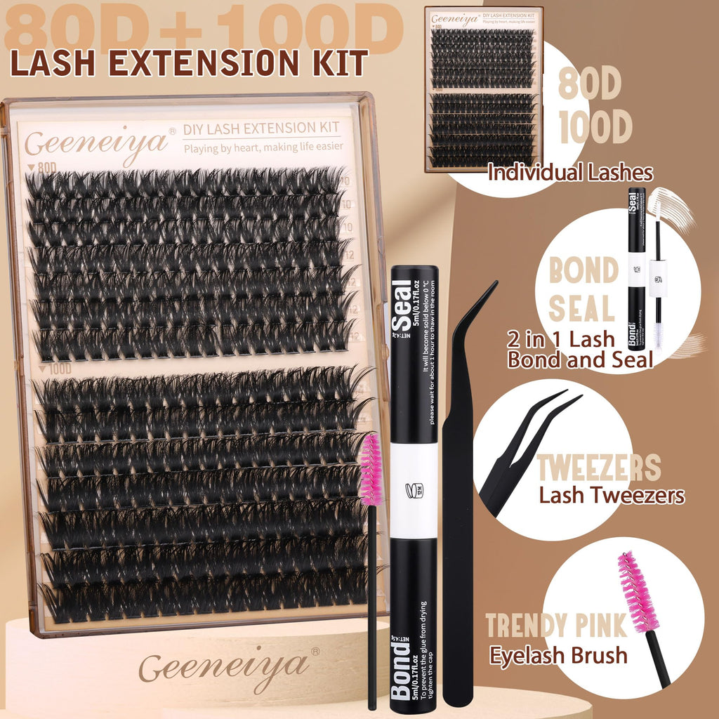 Geeneiya Volume Lash Clusters Kit – DIY Lash Extensions 10-16mm with Bond, Seal & Tweezers