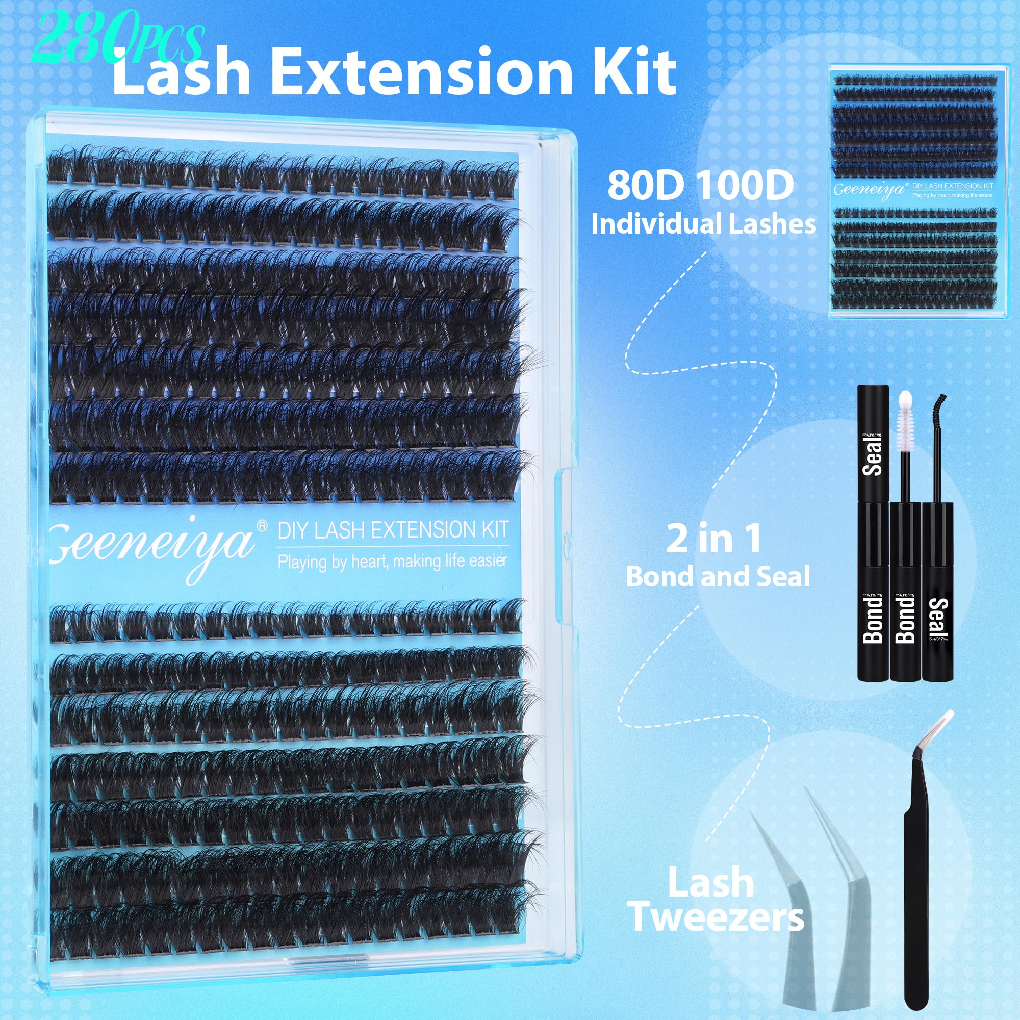 Geeneiya Thick Lashes Extension Kit – DIY 80D+100D Lash Clusters (10-18mm) with Bond & Seal