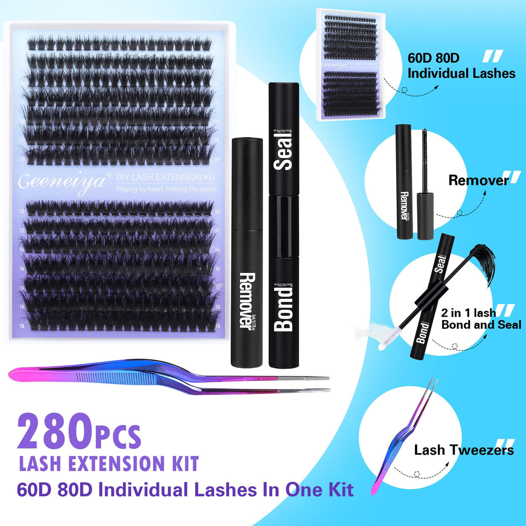 Geeneiya Full Lash Extension Kit – DIY Cluster Lashes with Bond & Seal, Remover, Tweezers (280 Pcs)
