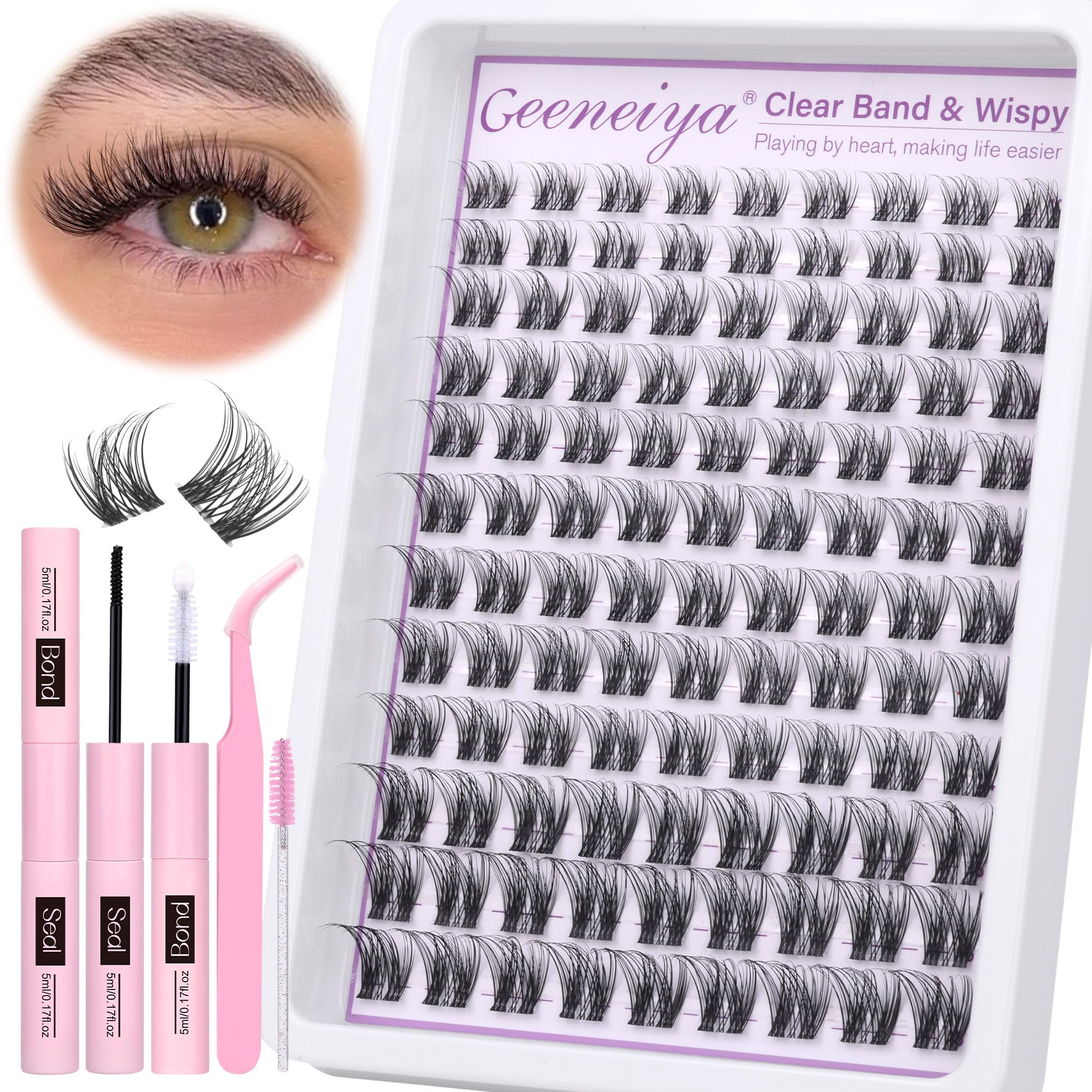 Geeneiya Clear Band Lash Clusters Kit – Wispy 10–16mm CC Curl, DIY Lash Extensions