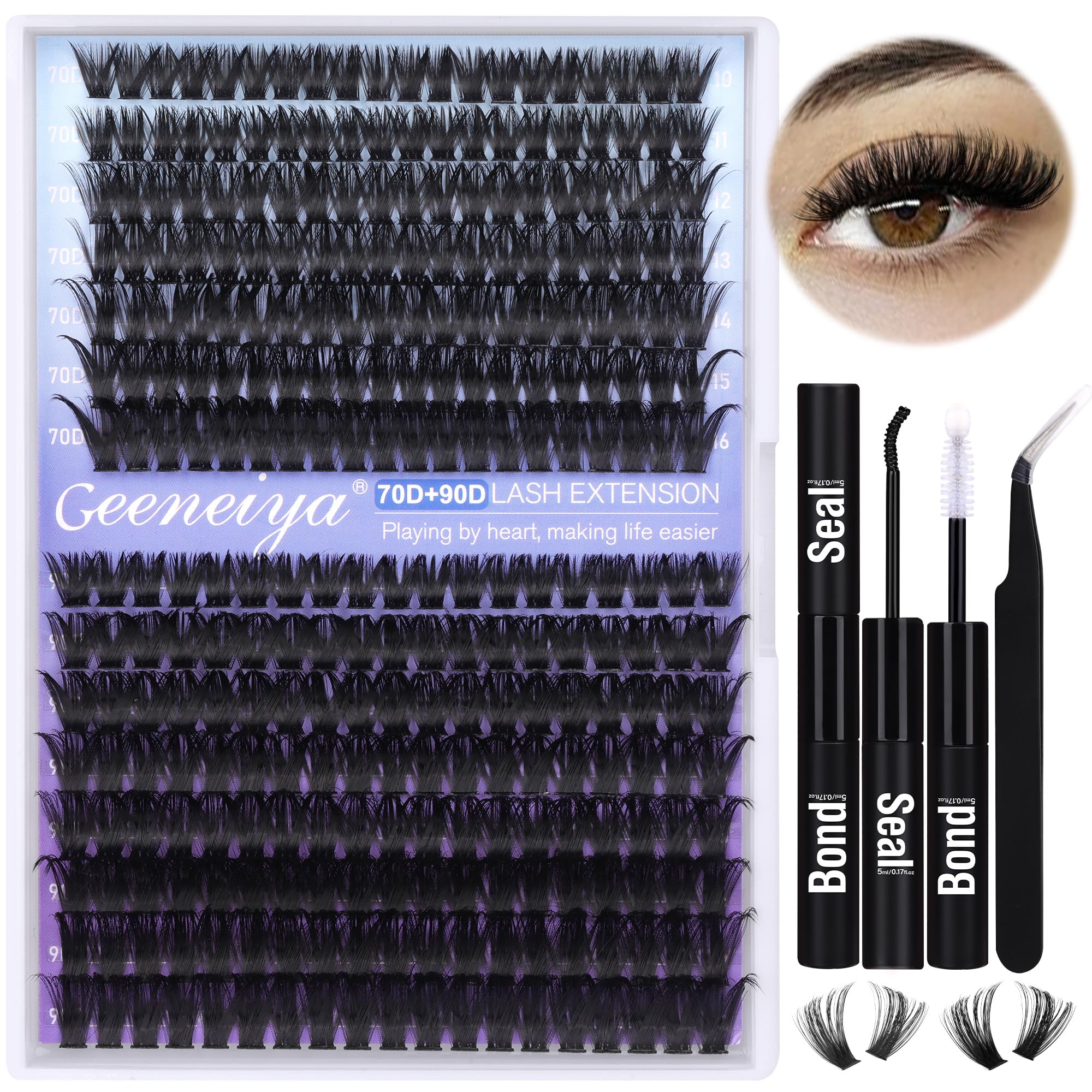 Geeneiya Wispy Lash Clusters Kit 70D+90D – DIY Lash Extensions with Waterproof Bond & Seal Glue