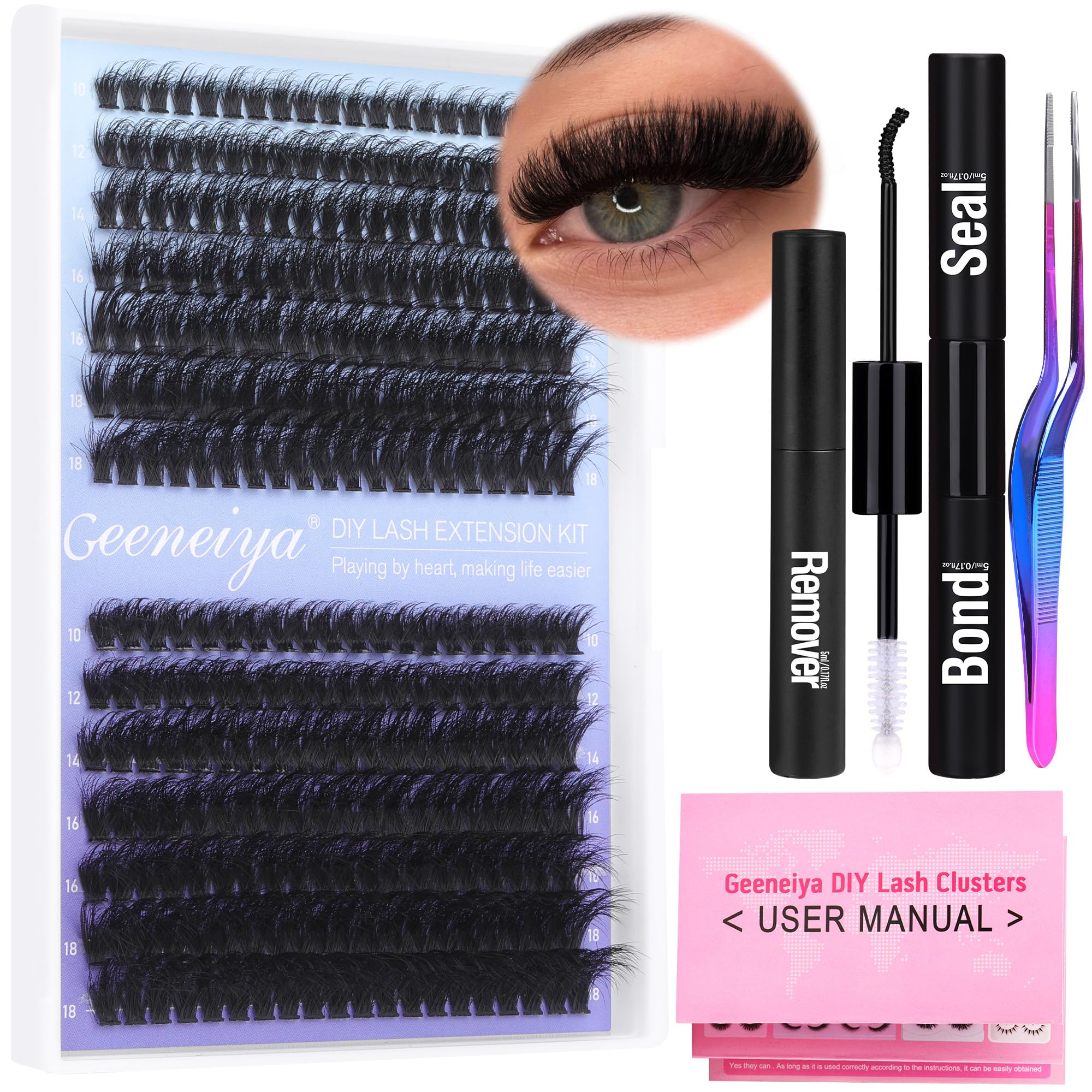 Geeneiya Full Lash Extension Kit – DIY Cluster Lashes with Bond & Seal, Remover, Tweezers (280 Pcs)