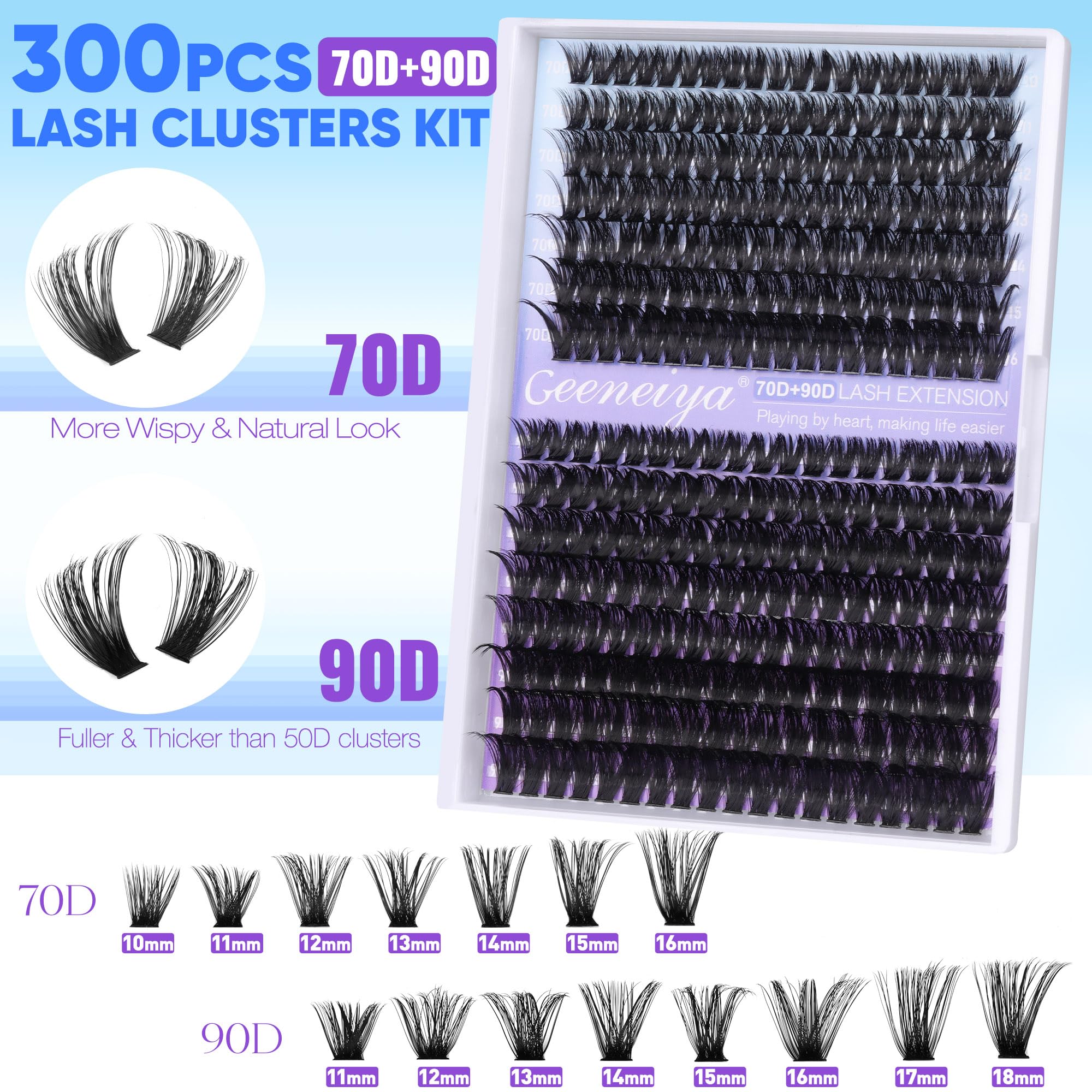 Geeneiya Wispy Lash Clusters Kit 70D+90D – DIY Lash Extensions with Waterproof Bond & Seal Glue
