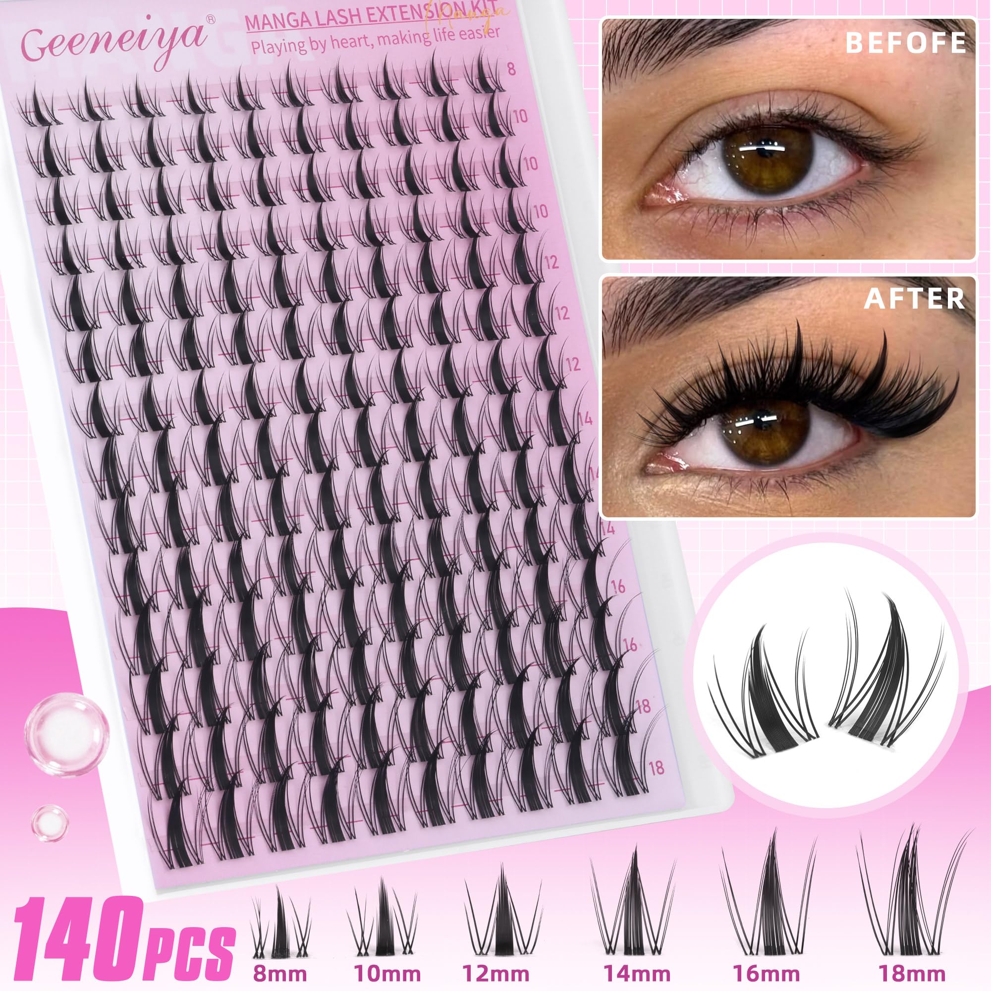 Geeneiya Manga Lashes Clusters Kit – DIY Lash Extensions (8–18mm) with Waterproof Bond & Seal