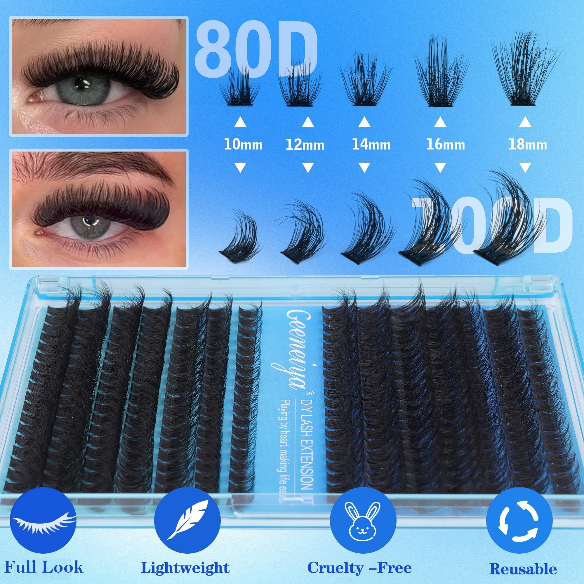 Geeneiya Thick Lashes Extension Kit – DIY 80D+100D Lash Clusters (10-18mm) with Bond & Seal