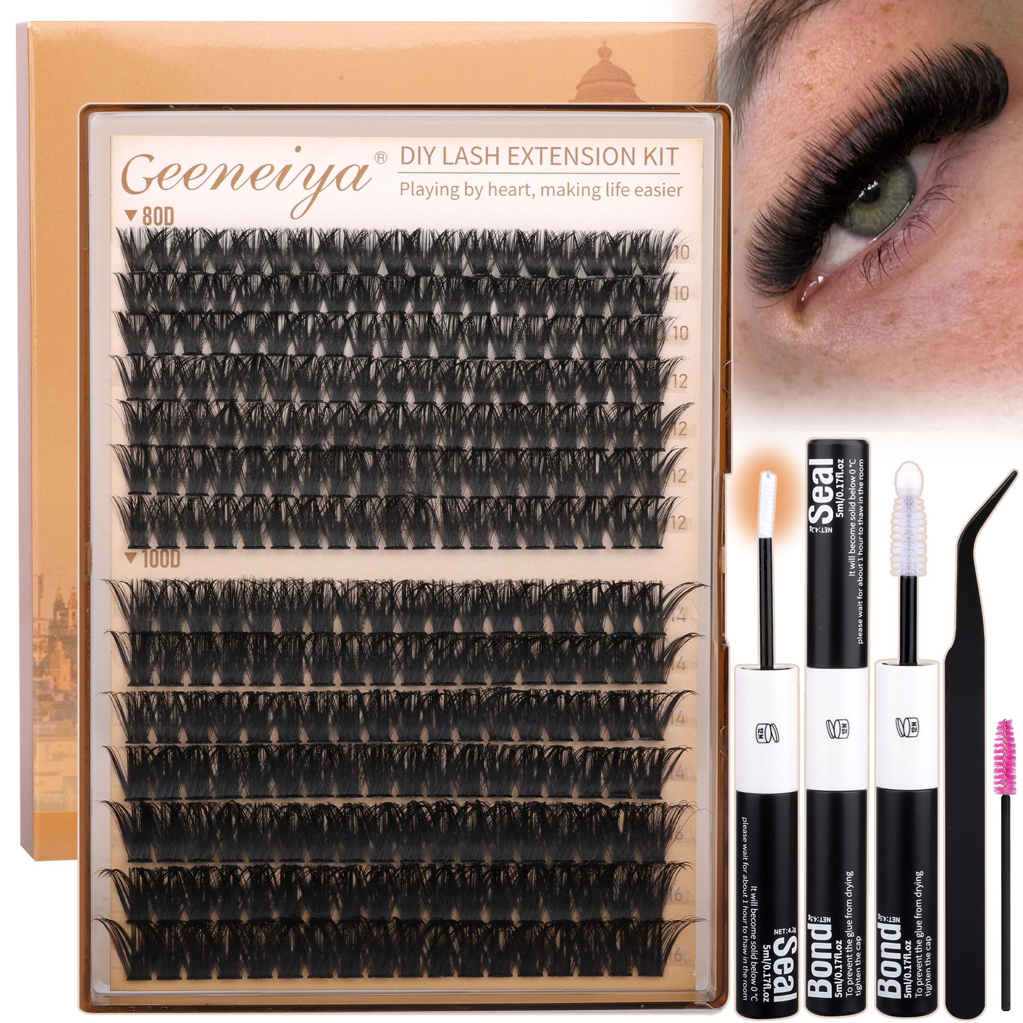 Geeneiya Volume Lash Clusters Kit – DIY Lash Extensions 10-16mm with Bond, Seal & Tweezers
