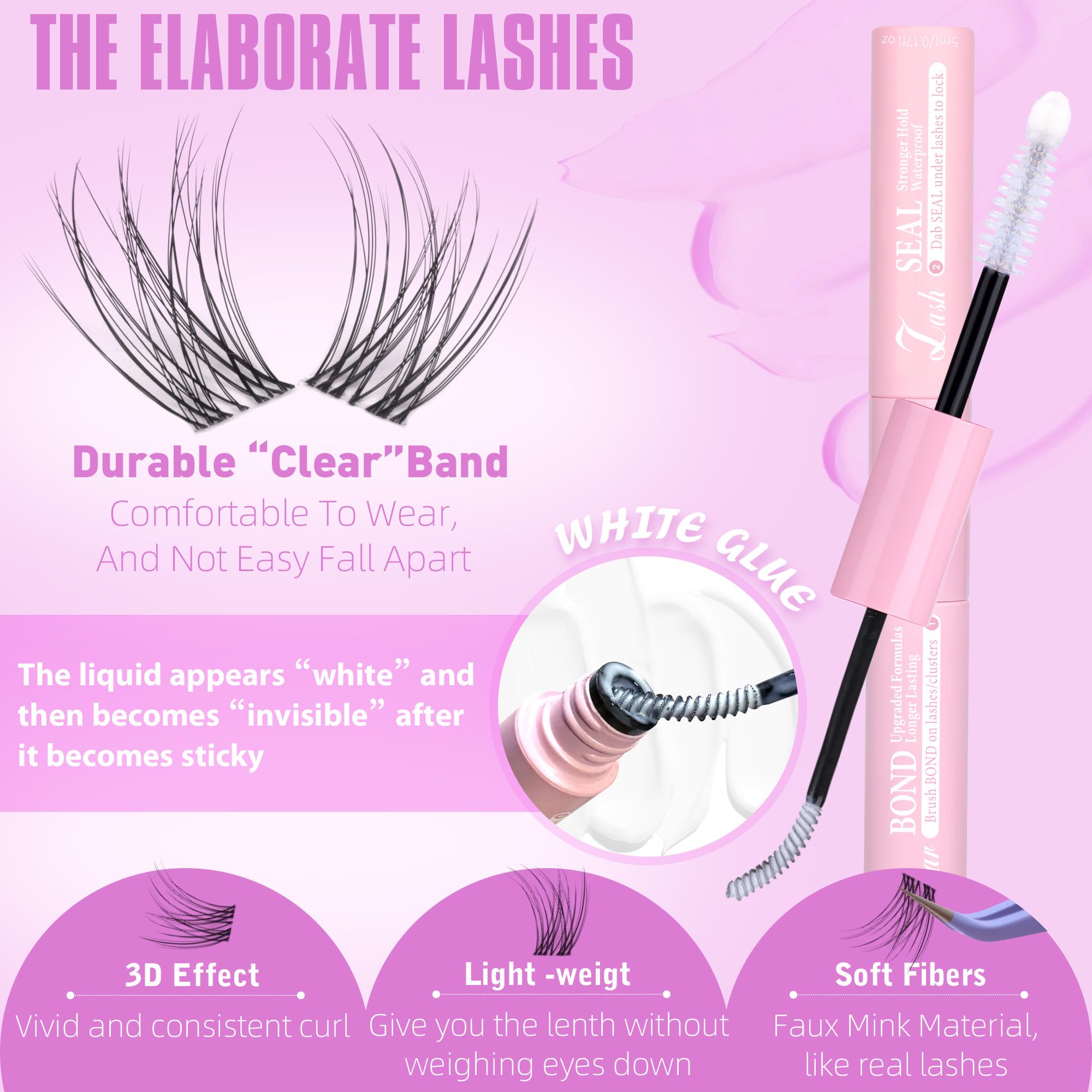 Geeneiya Clear Band Lash Clusters Kit 8-16MM | DIY Lash Extensions with White Bond & Seal
