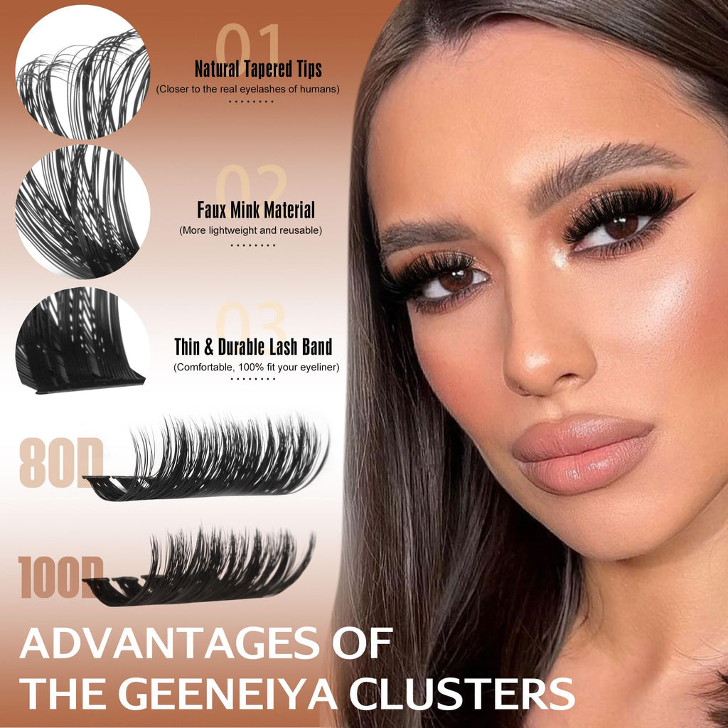 Geeneiya Volume Lash Clusters Kit – DIY Lash Extensions 10-16mm with Bond, Seal & Tweezers