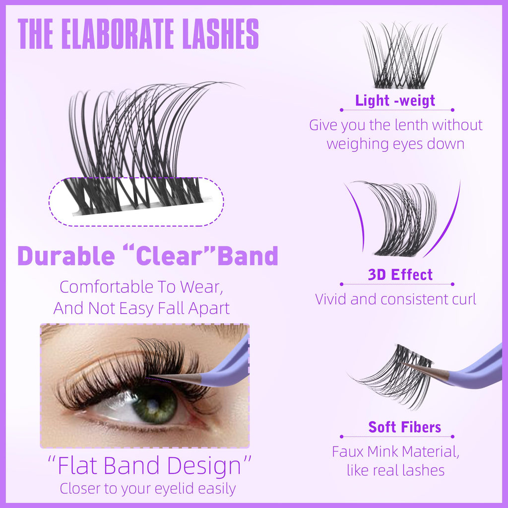 Geeneiya Clear Band Lash Clusters Kit – Wispy 10–16mm CC Curl, DIY Lash Extensions