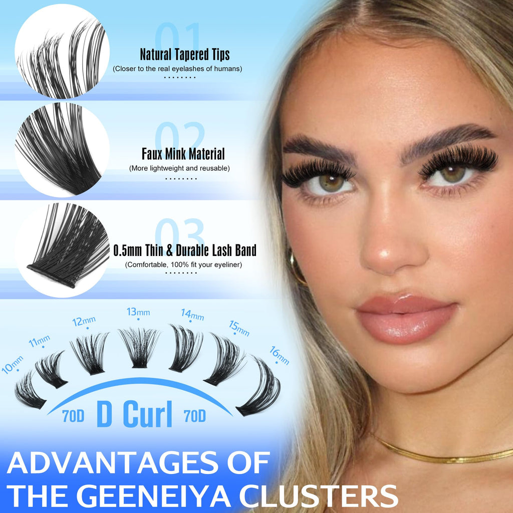 Geeneiya Wispy Lash Clusters Kit 70D+90D – DIY Lash Extensions with Waterproof Bond & Seal Glue
