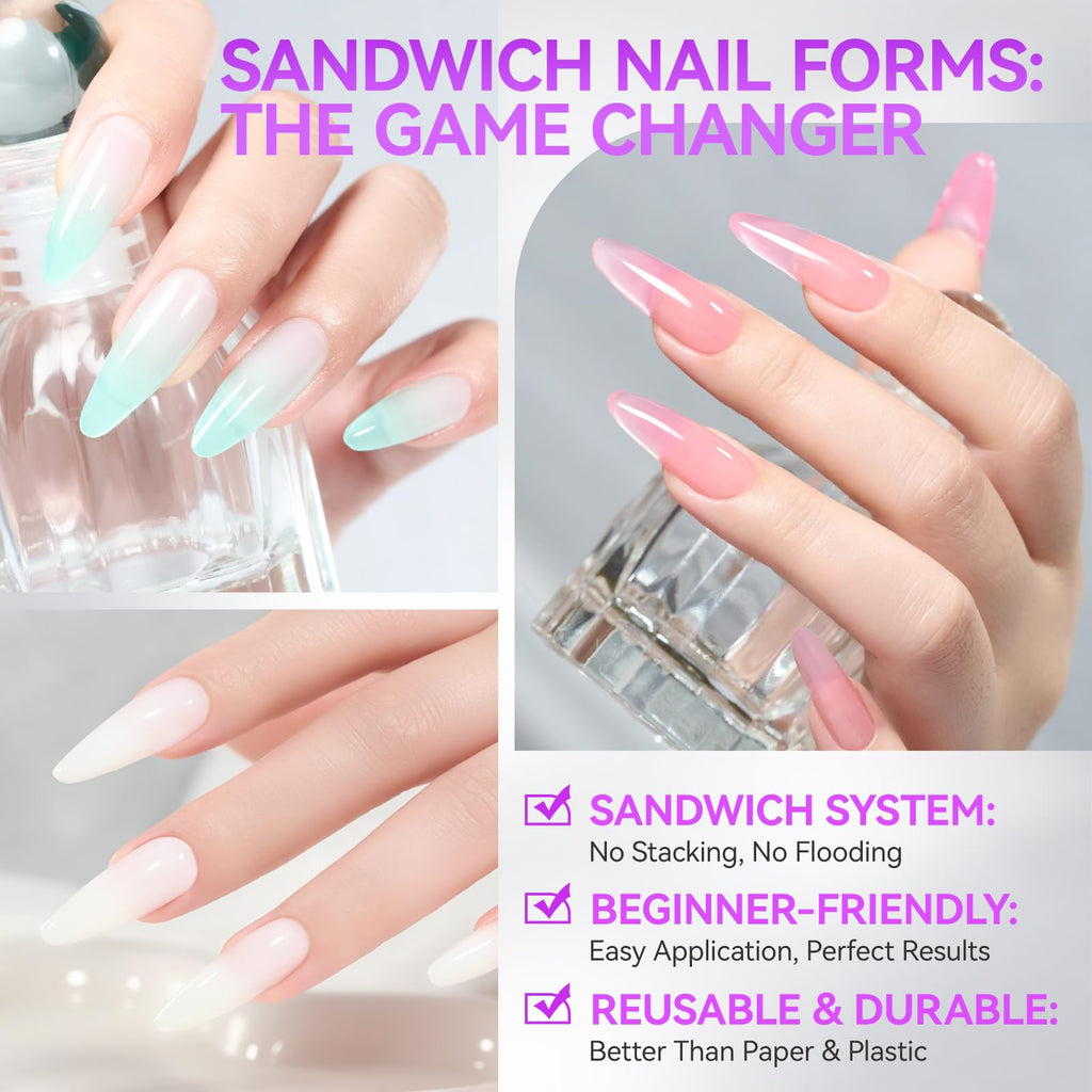 Gelike EC Salon-Perfect Sandwich Dual Forms for Builder Gel – 240Pcs, 15 Sizes, Almond Round