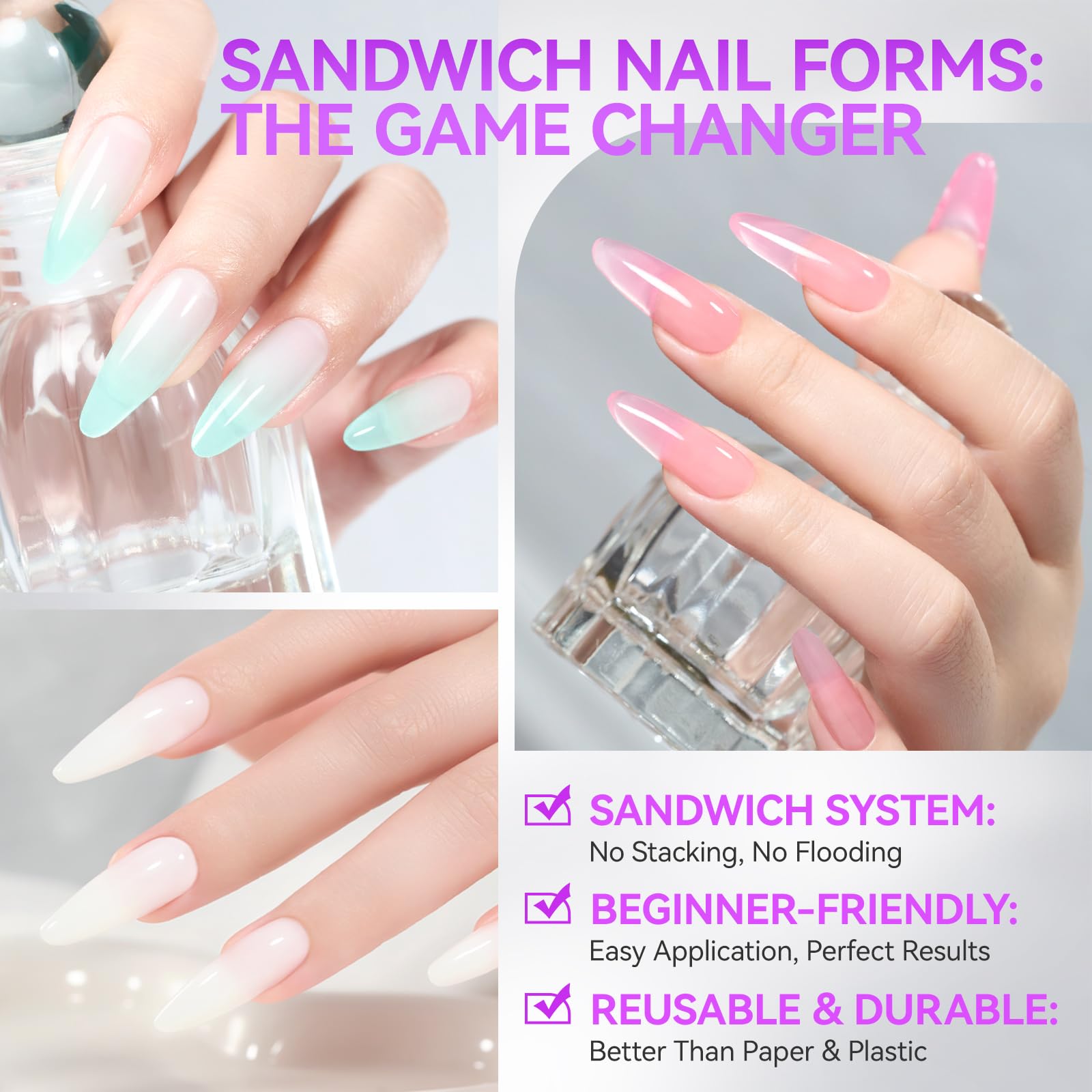 Gelike EC Salon-Perfect Sandwich Dual Forms for Builder Gel – 240Pcs, 15 Sizes, Almond Round
