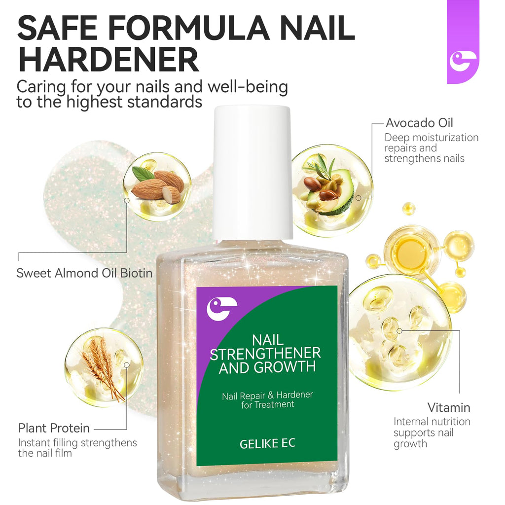 Gelike EC Nail Strengthener & Damaged Nail Repair – Glitter Pink 15ml, 6-in-1 Non-Toxic Protein Nail Hardener for Home DIY Manicure