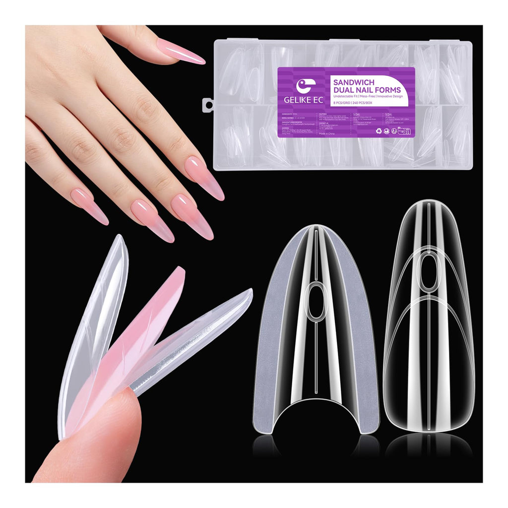 Gelike EC Salon-Perfect Sandwich Dual Forms for Builder Gel – 240Pcs, 15 Sizes, Almond Round