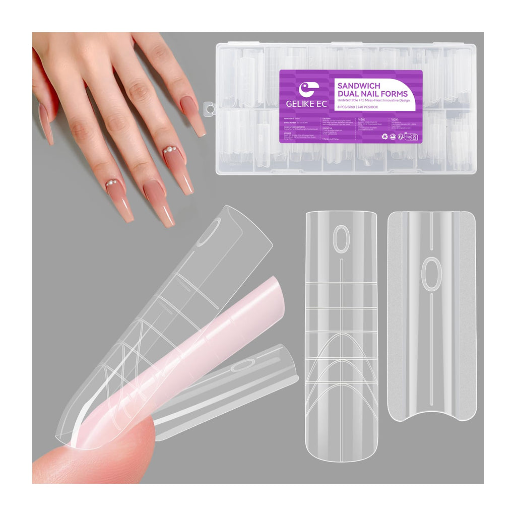 Gelike EC Sandwich Dual-Form for Builder Gel – 240Pcs, 15 Sizes, No Gel Stacking or Bubbles, Home Nail Extensions