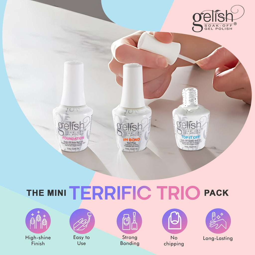 Gelish Mini Terrific Trio Gel Nail Polish Kit – 9 mL with pH Bond, Foundation Base & Top It Off
