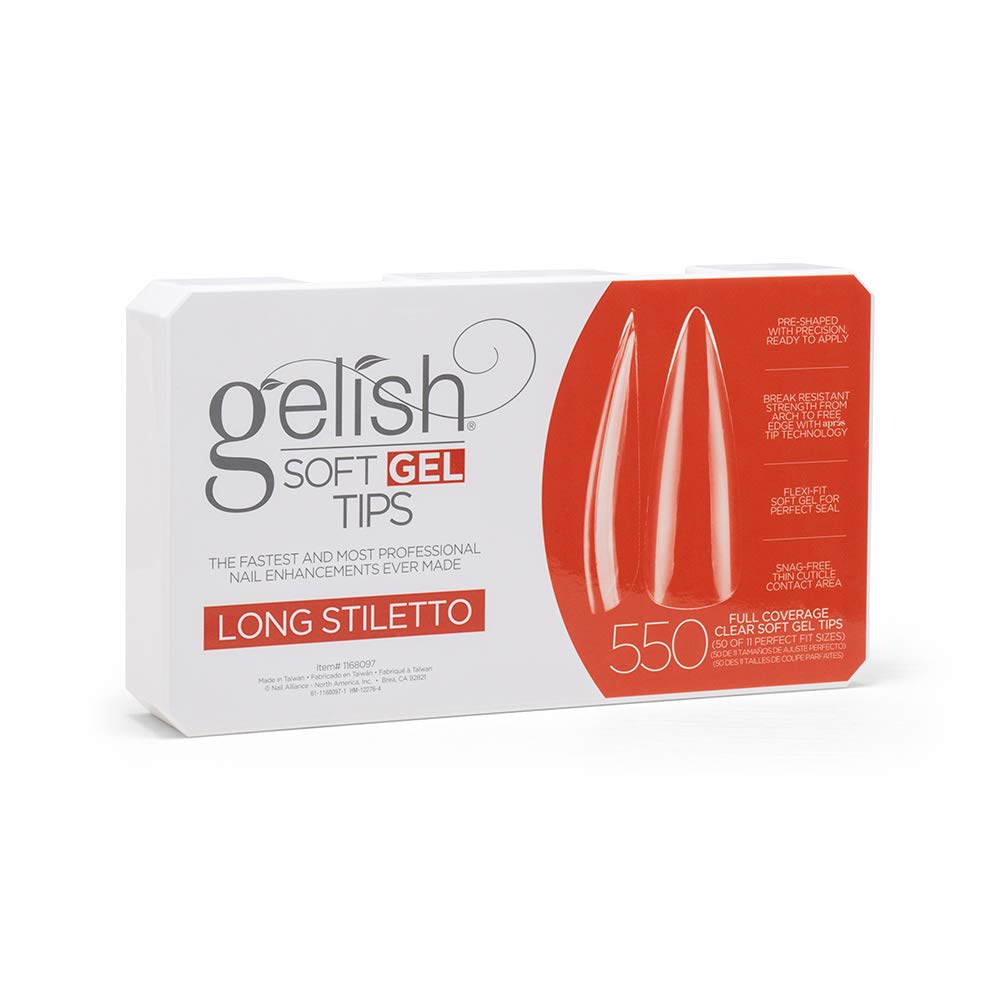 Gelish Soft Gel Tips – 550 Count, Pre-Shaped Full-Coverage Nails for Strong, Long-Lasting Manicures (Long Stiletto)