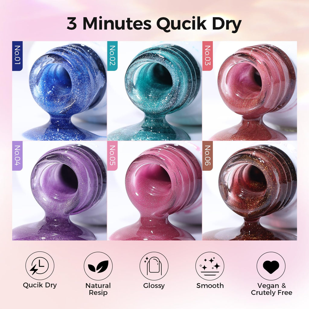 GELLAKTIK 5-in-1 Cat Eye Gel Nail Polish Kit — 6 Colors, 7.5ml (No Base/Top Coat Needed)