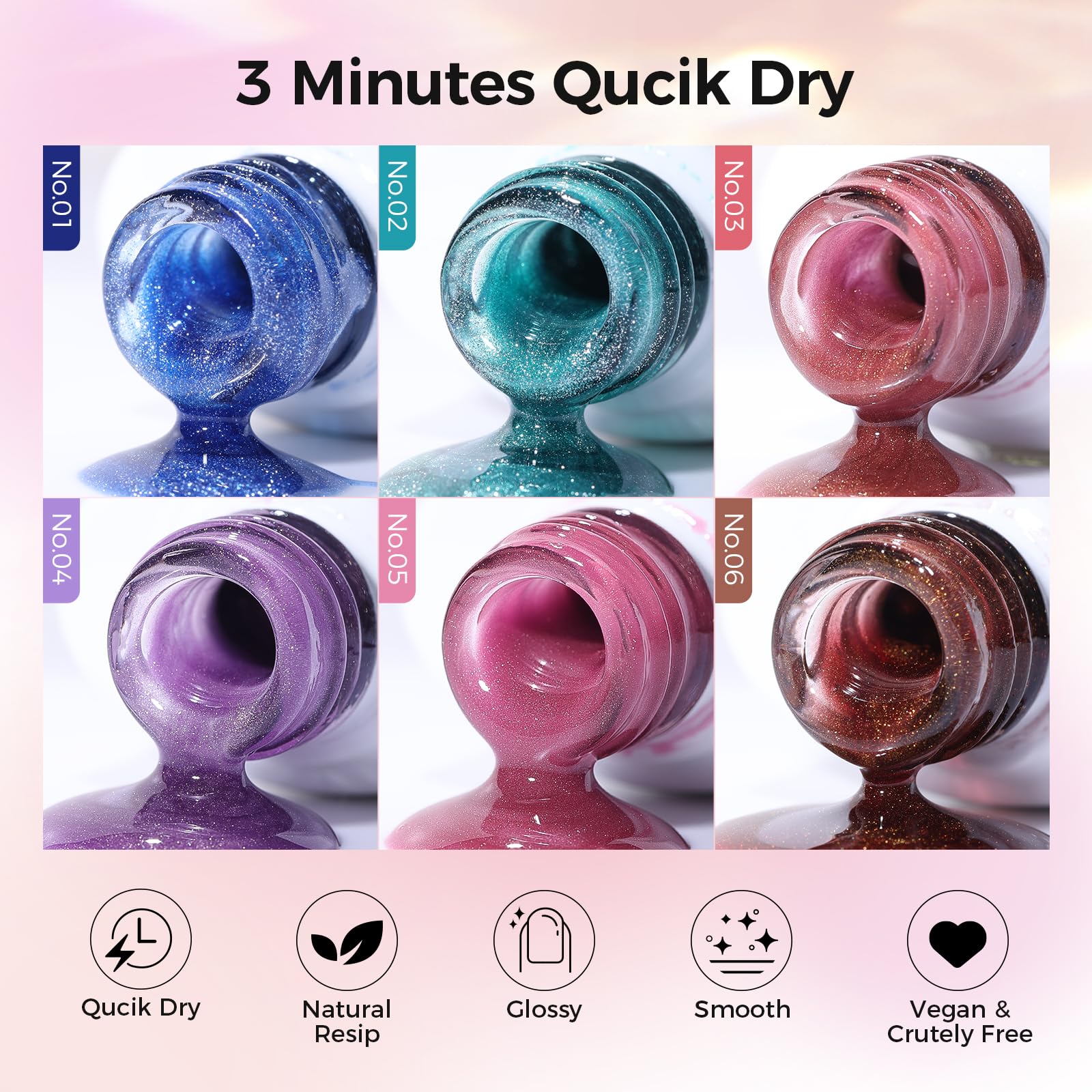 GELLAKTIK 5-in-1 Cat Eye Gel Nail Polish Kit — 6 Colors, 7.5ml (No Base/Top Coat Needed)