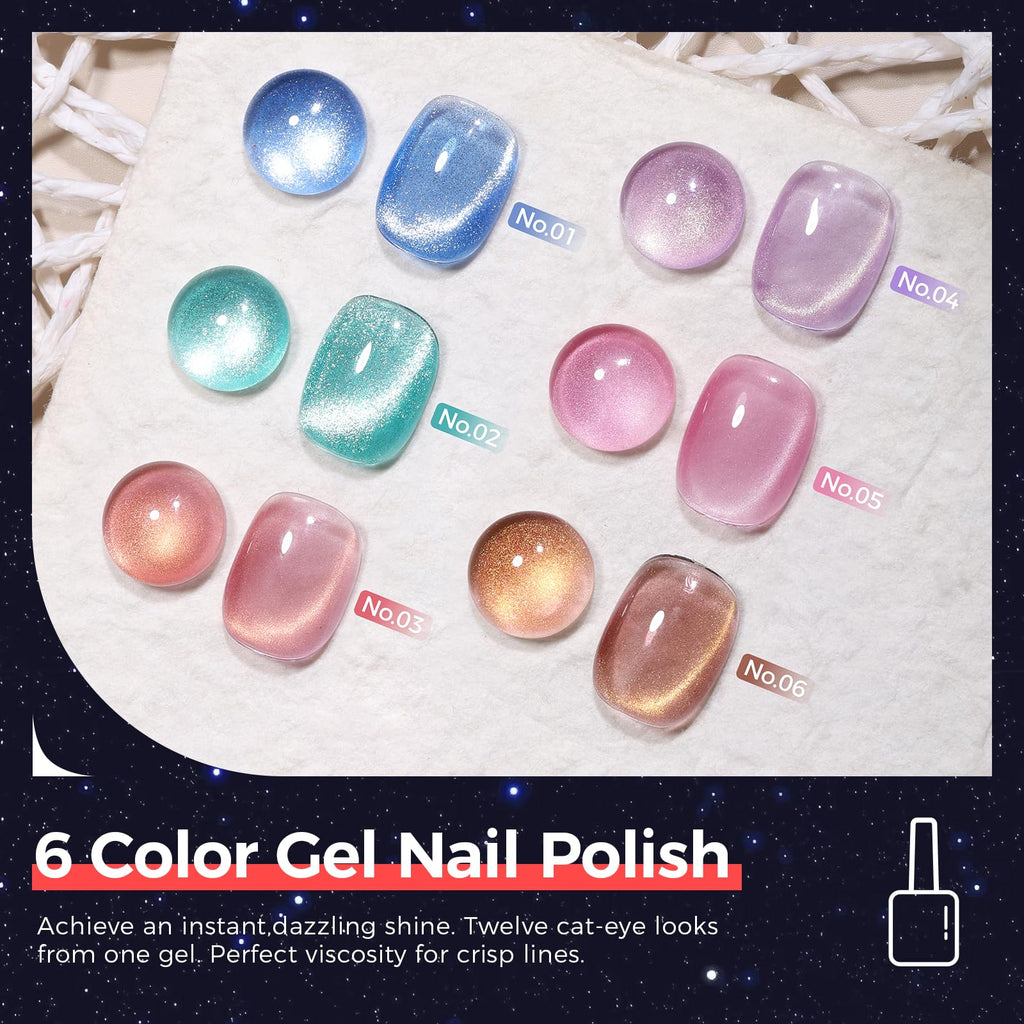 GELLAKTIK 5-in-1 Cat Eye Gel Nail Polish Kit — 6 Colors, 7.5ml (No Base/Top Coat Needed)
