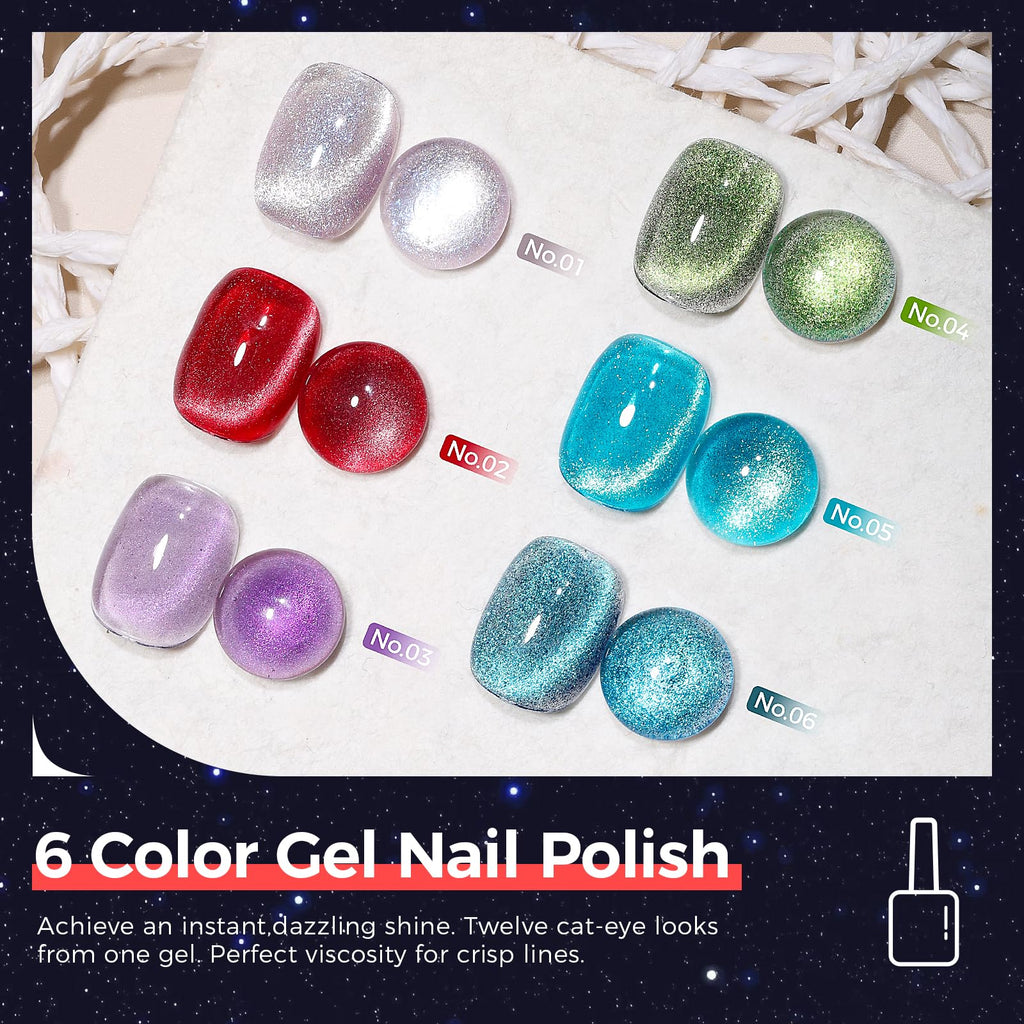 GELLAKTIK 5-in-1 Cat Eye Gel Nail Polish Kit – 6 Colors, No Base/Top Coat Needed, Magnetic Nail Art Set