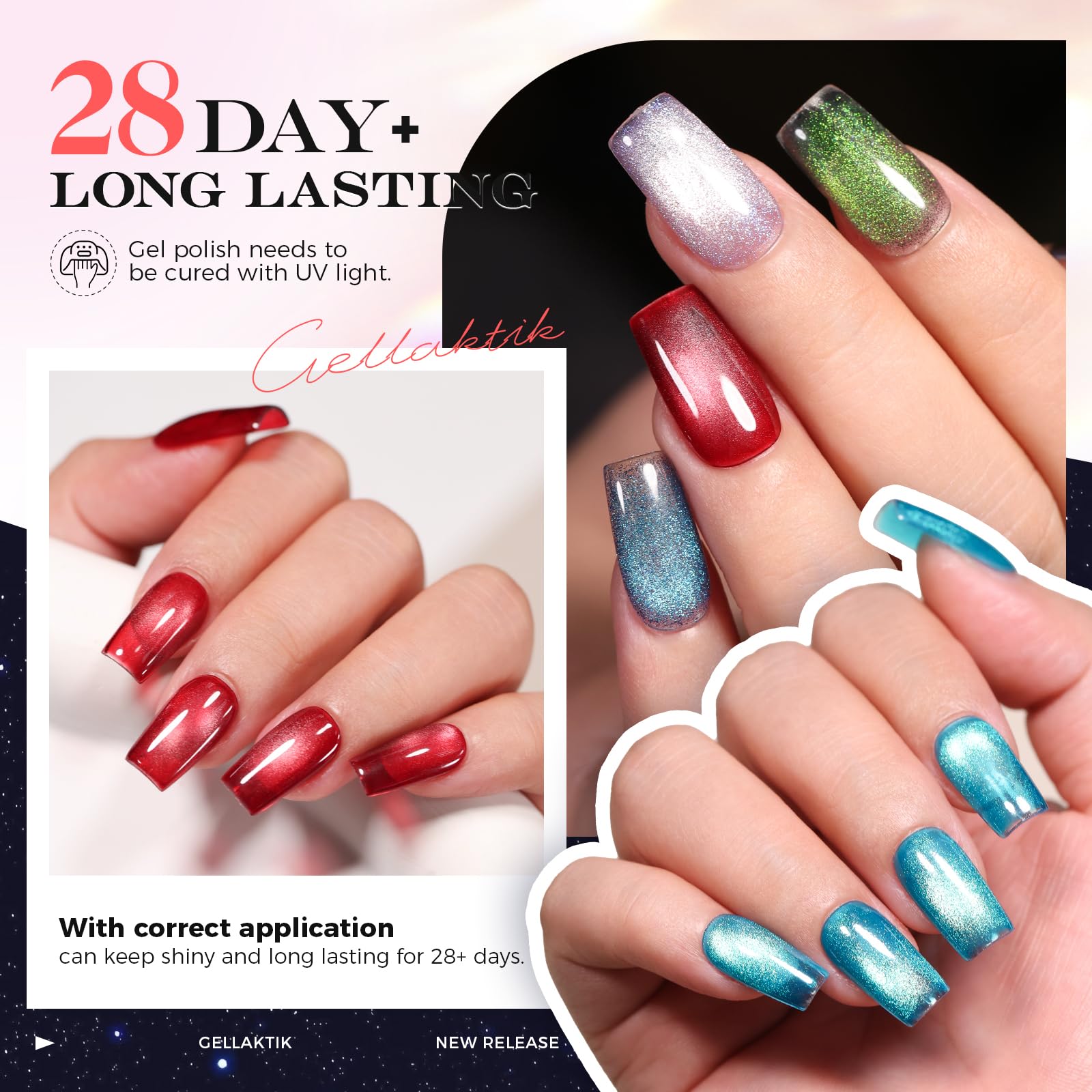 GELLAKTIK 5-in-1 Cat Eye Gel Nail Polish Kit – 6 Colors, No Base/Top Coat Needed, Magnetic Nail Art Set