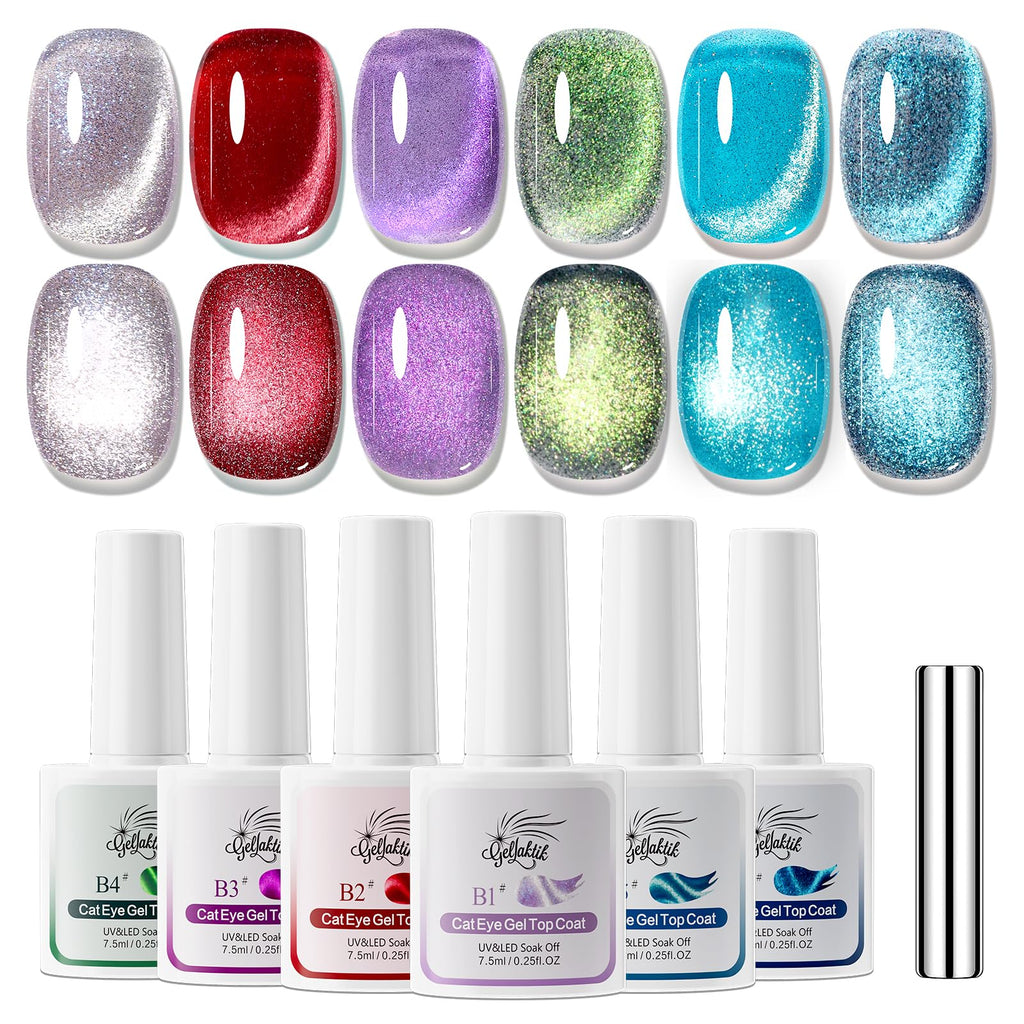 GELLAKTIK 5-in-1 Cat Eye Gel Nail Polish Kit – 6 Colors, No Base/Top Coat Needed, Magnetic Nail Art Set