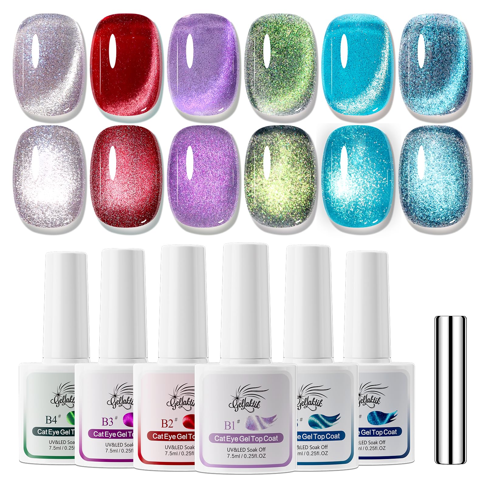 GELLAKTIK 5-in-1 Cat Eye Gel Nail Polish Kit – 6 Colors, No Base/Top Coat Needed, Magnetic Nail Art Set