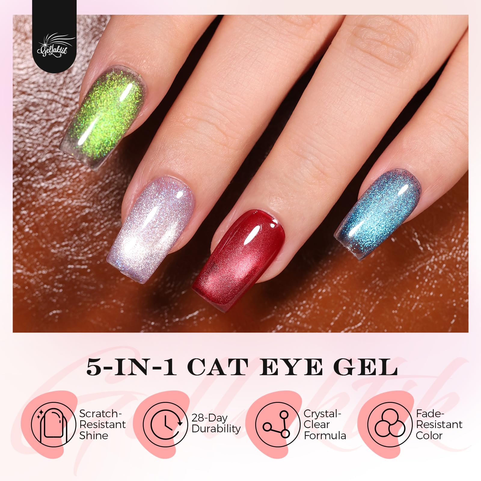 GELLAKTIK 5-in-1 Cat Eye Gel Nail Polish Kit – 6 Colors, No Base/Top Coat Needed, Magnetic Nail Art Set