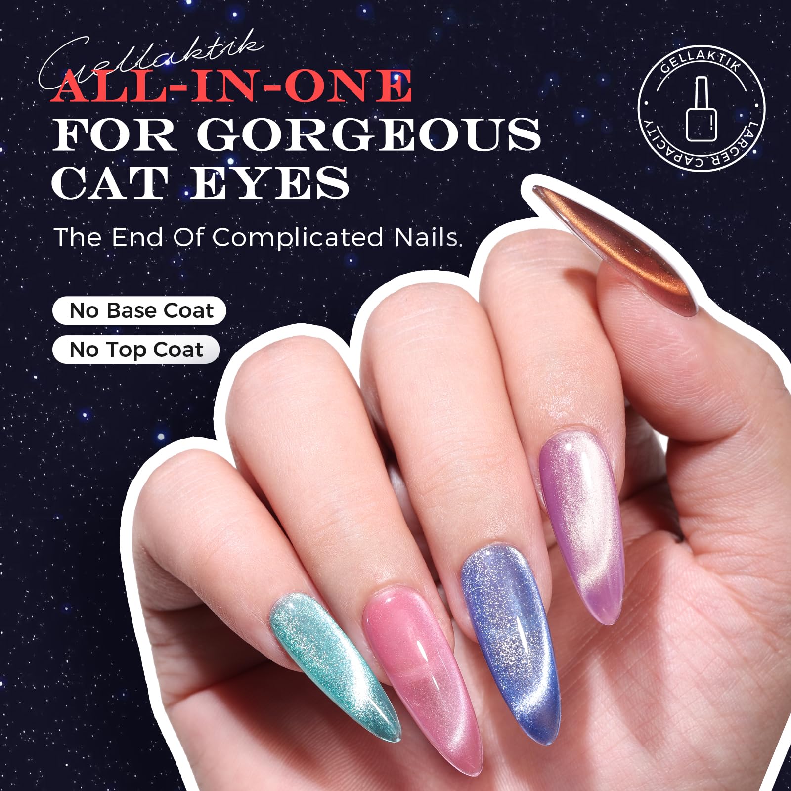 GELLAKTIK 5-in-1 Cat Eye Gel Nail Polish Kit — 6 Colors, 7.5ml (No Base/Top Coat Needed)
