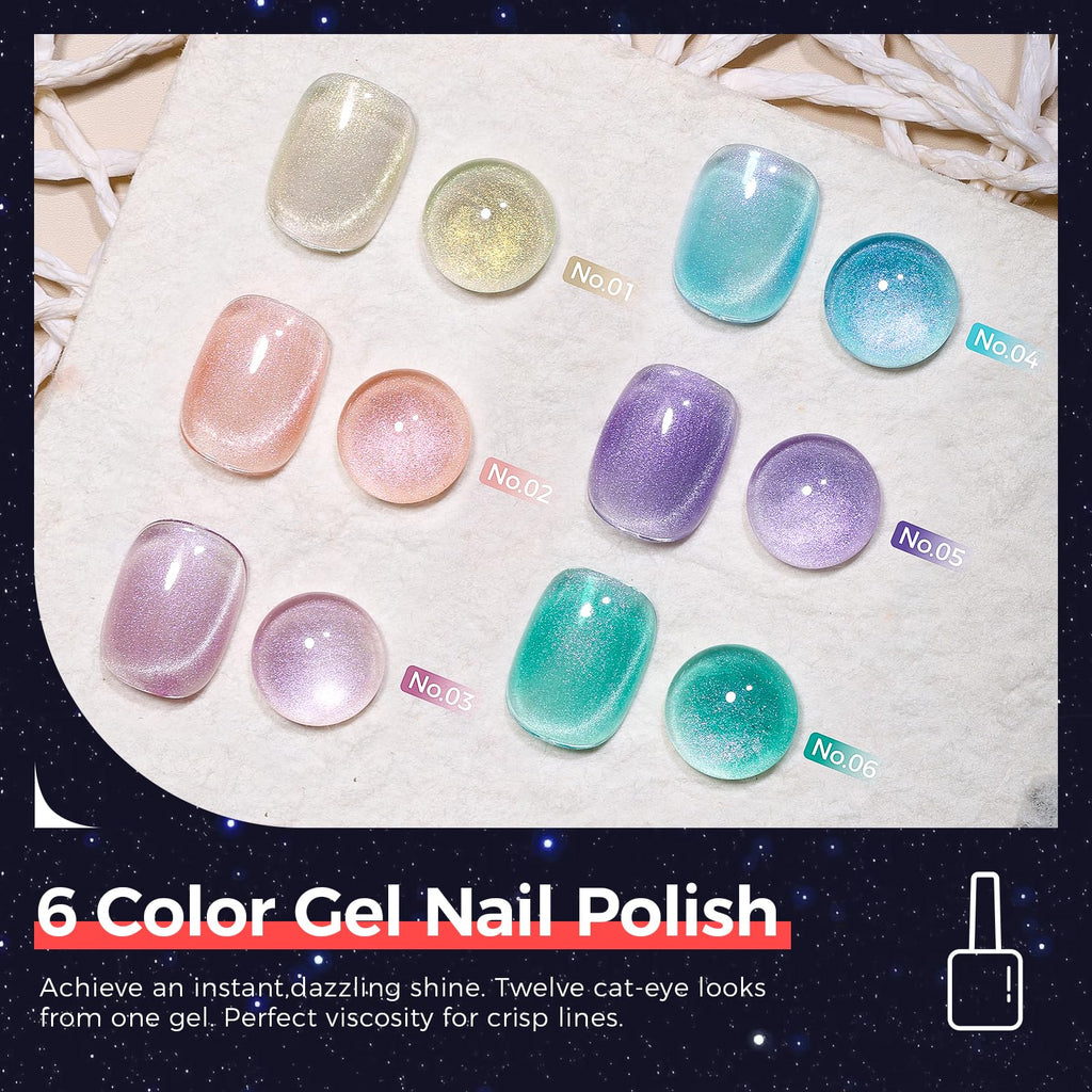 GELLAKTIK 5-in-1 Cat Eye Gel Nail Kit – 6x7.5ml, No Base/Top Coat Needed