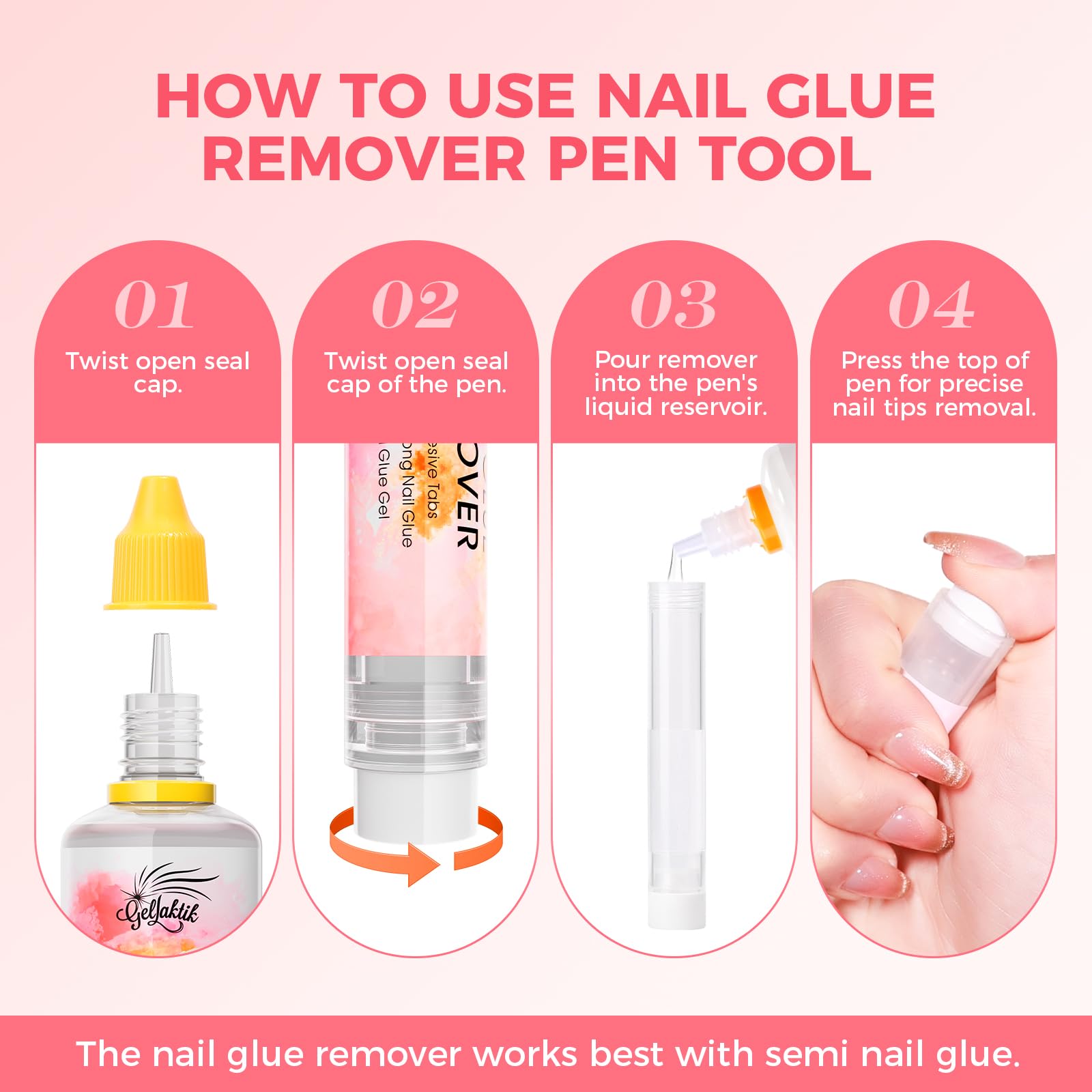 GELLAKTIK Nail Glue Remover with Pro Click & Remove Pen – 50ml, Acetone-Free