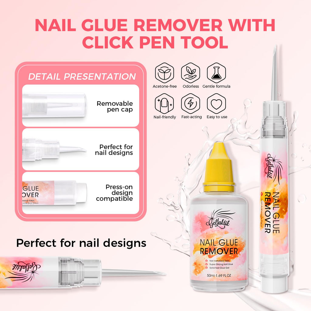 GELLAKTIK Nail Glue Remover with Pro Click & Remove Pen – 50ml, Acetone-Free
