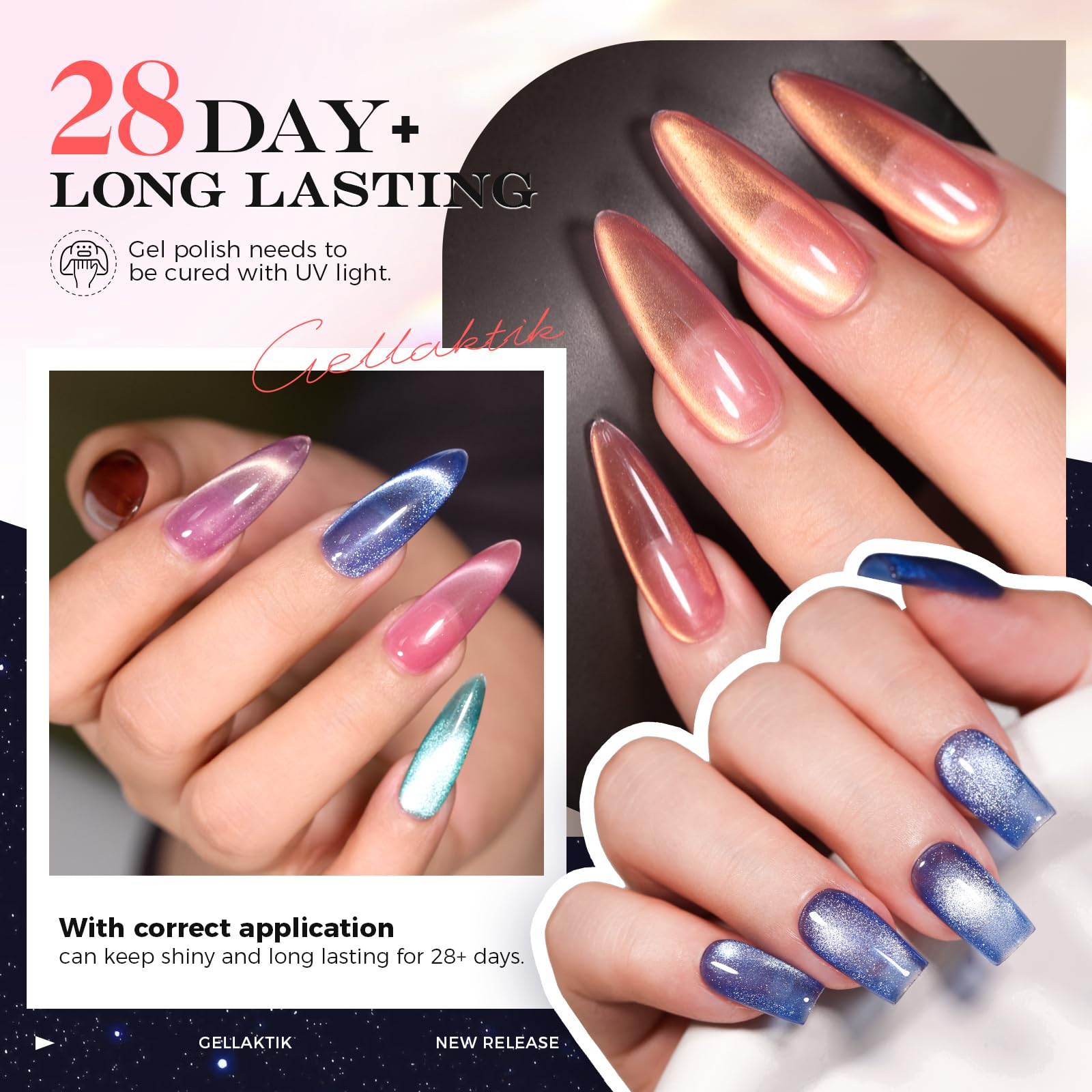 GELLAKTIK 5-in-1 Cat Eye Gel Nail Polish Kit — 6 Colors, 7.5ml (No Base/Top Coat Needed)
