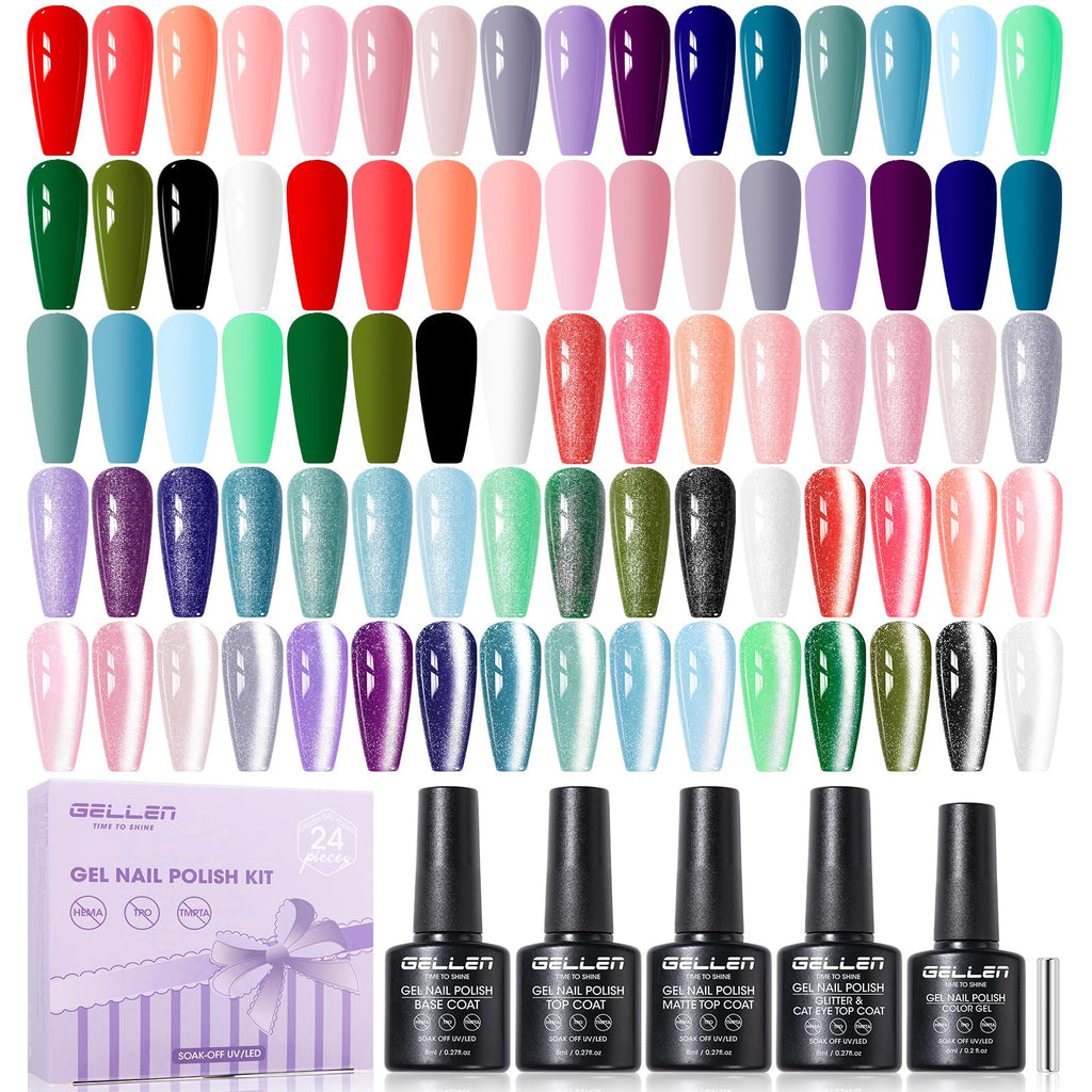 GELLEN 24-Piece Gel Polish Set – 20 Colors, Base Coat, Glossy & Matte Top Coats, Cat-Eye Magnetic Finish (3-Free)
