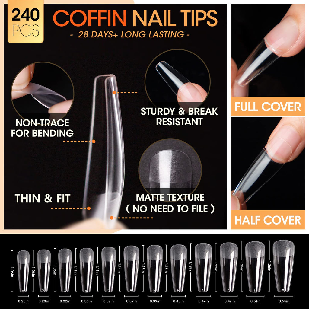 GELLEN Gel Nail Kit Coffin 240pcs – All-In-One DIY Nail Extension Set with UV Lamp