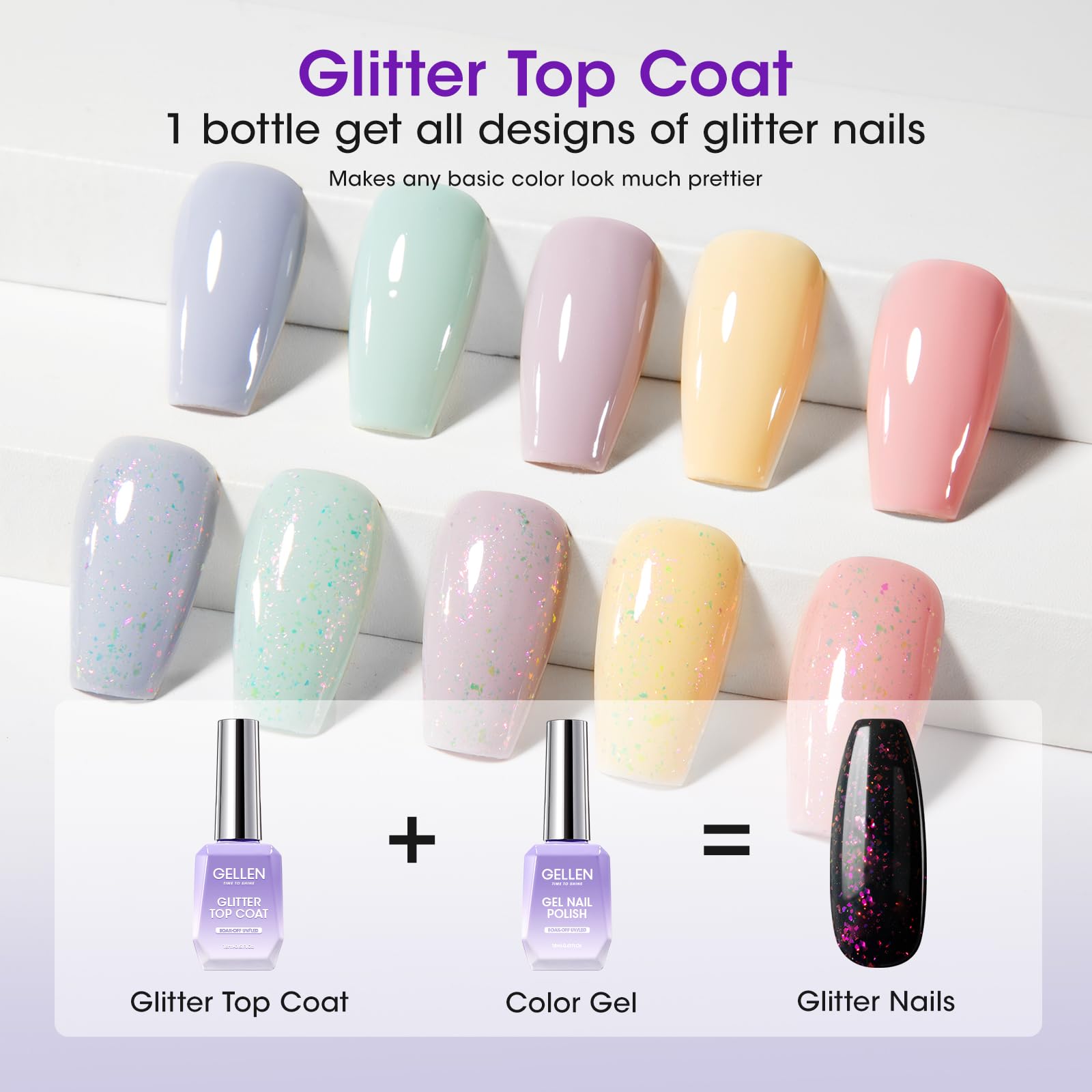 GELLEN Gel Base Coat & Top Coat Set – 4x18ml, Matte/Glossy/Glitter Top Coats for Soak-Off Gel Nails