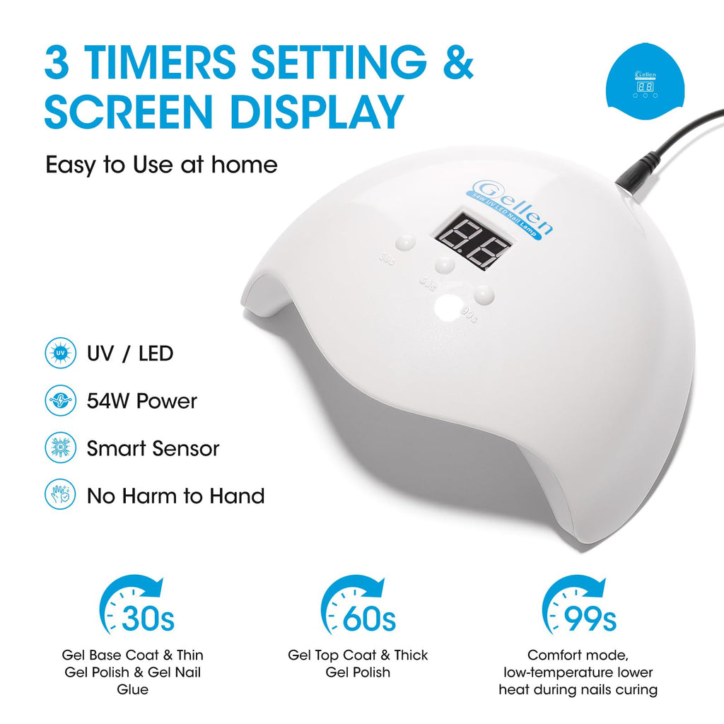 GELLEN 54W UV/LED Nail Lamp with Auto Sensor – 18 Beads, 3 Timers, LCD Display | Home & Salon Use