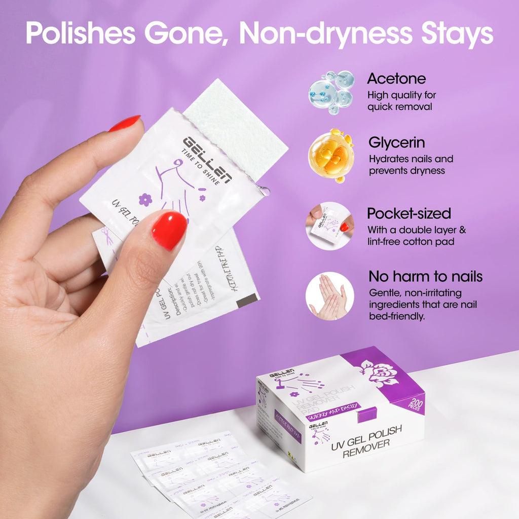 GELLEN Gel Polish Remover Pad Kit – 400 Pack, Acetone Pads + Alcohol Wipes, Travel Ready