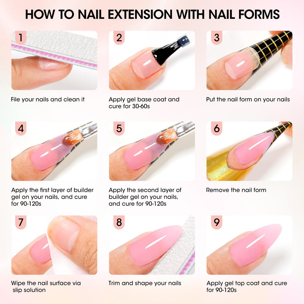 GELLEN Builder Gel Nude Pink – UV/LED Hard Gel for Nails Extensions & Overlays (30g) + 20 Nail Forms