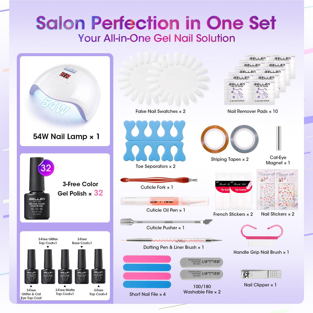 GELLEN 71-Piece Gel Nail Kit with 54W UV/LED Lamp — 32 Colors, Base & Top Coats, Home Salon Pro Set