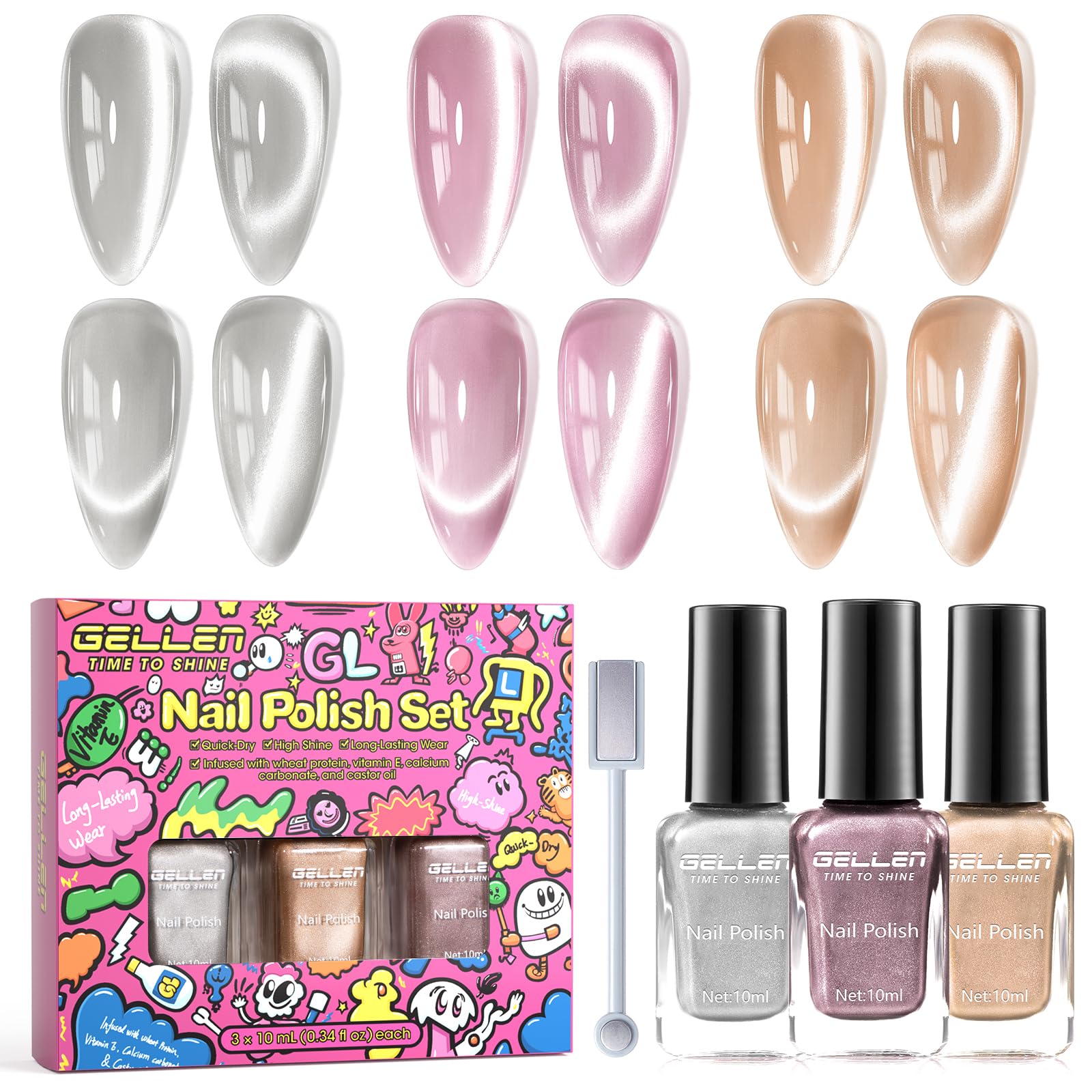 GELLEN Quick Dry Cat Eye Nail Polish Kit – Pink Silver Champagne Magnetic 3D Cat Eye