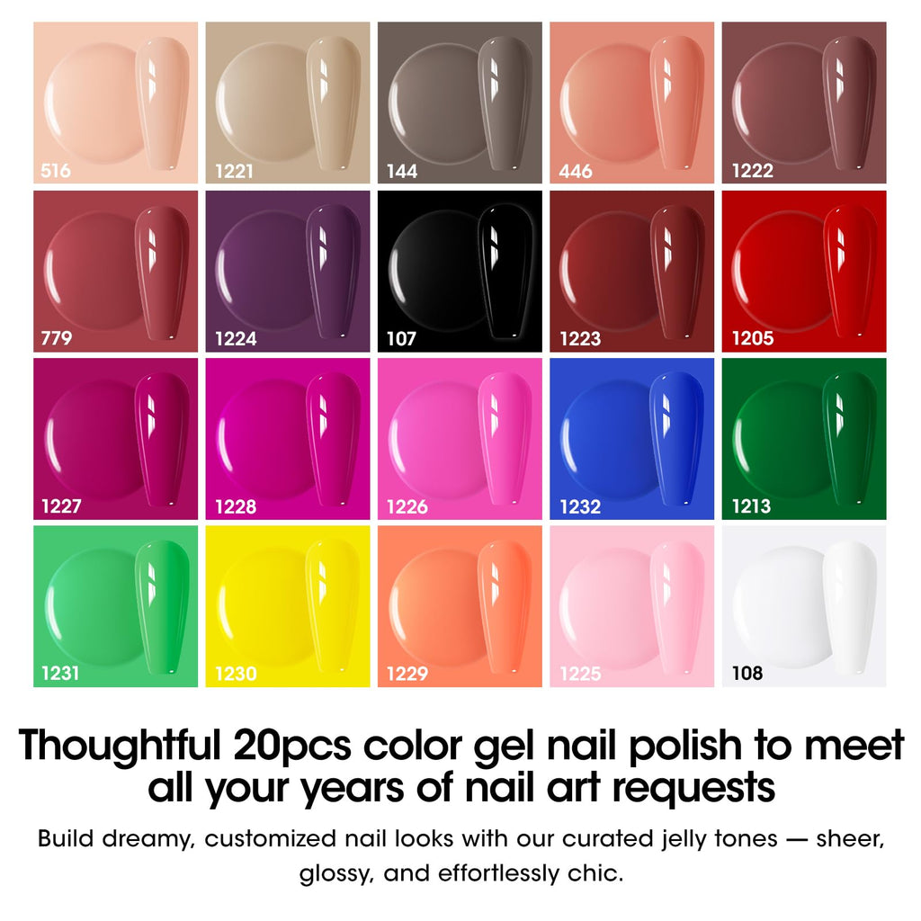 GELLEN 24-Piece Gel Nail Polish Set – 20 Colors + Base/Top Coats & Cat-Eye Top Coat