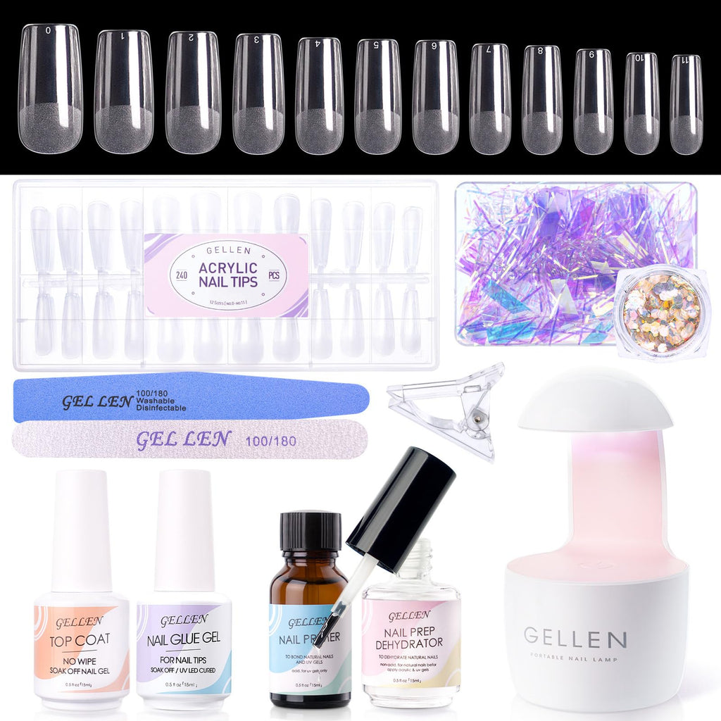 Gellen Gel Nail Kit: Complete All-In-One Set with 240 Tips, UV Lamp, and 3-in-1 Glue Gel