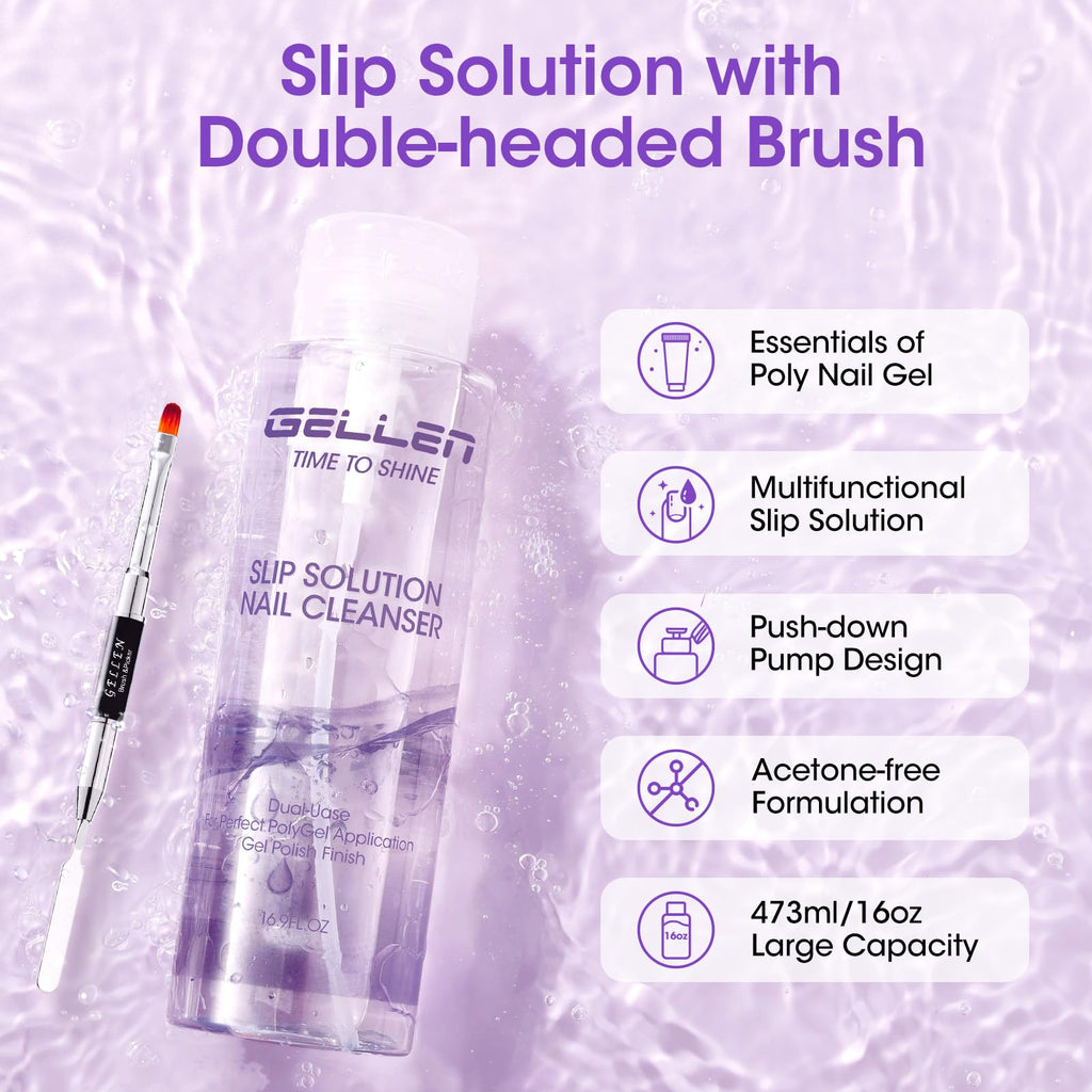 GELLEN 473ml Slip Solution for Polygel Nails with Pump Bottle – Nail Brush Included