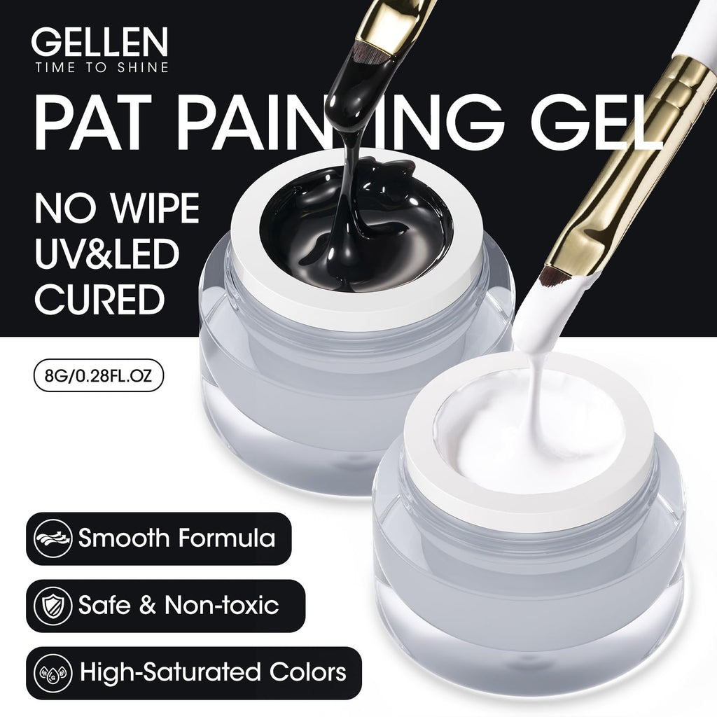 GELLEN Nail Painting Gel 2Pcs 8g – Black & White No-Wipe Nail Art Gel for Liner, Florals & French